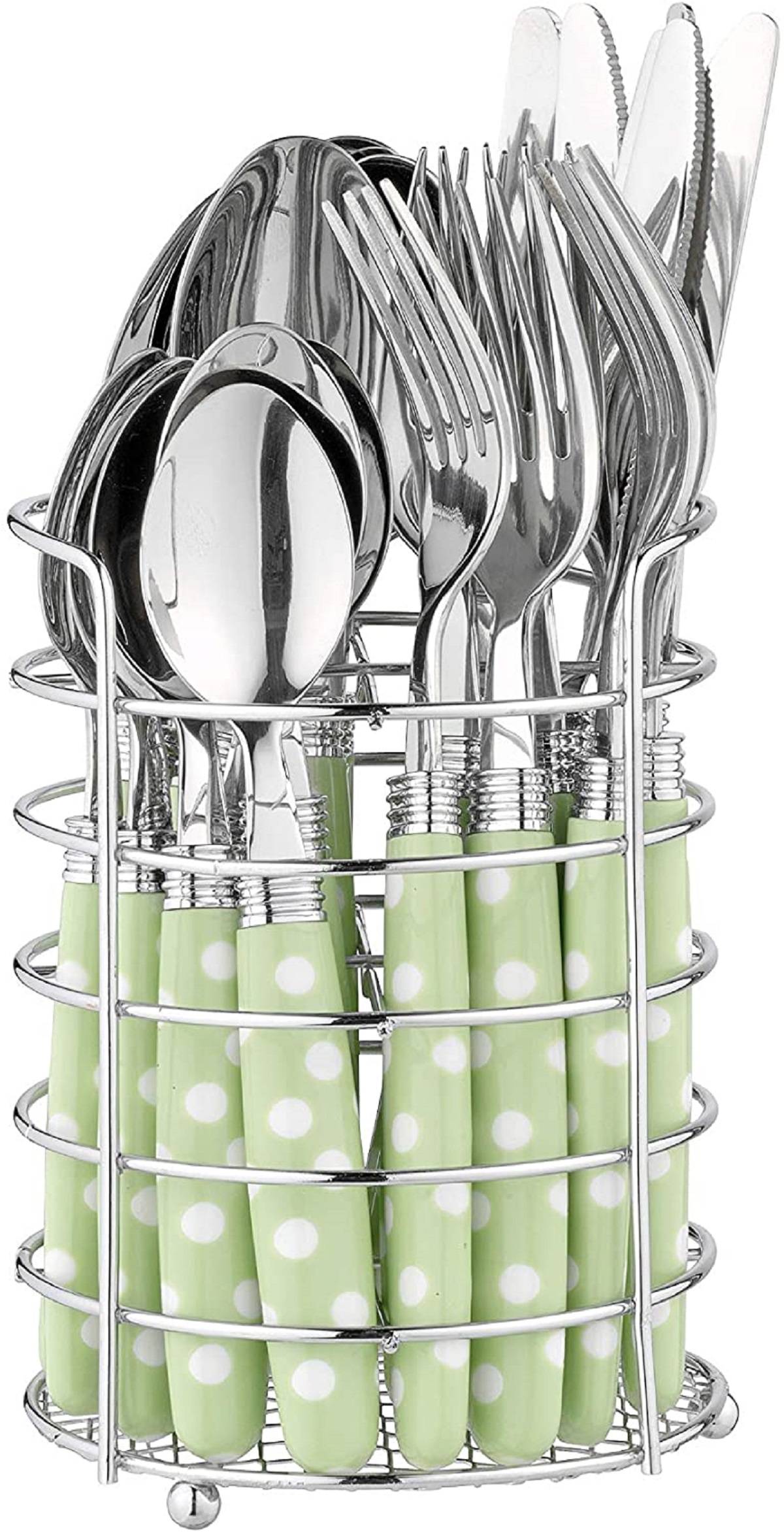 Esmeyer 199-365 24-TLG. Besteck Liana, lindgrün m. weißen Punkten aus Edelstahl 18/0 poliert, im runden Besteckkorb, in transparenter Runddose