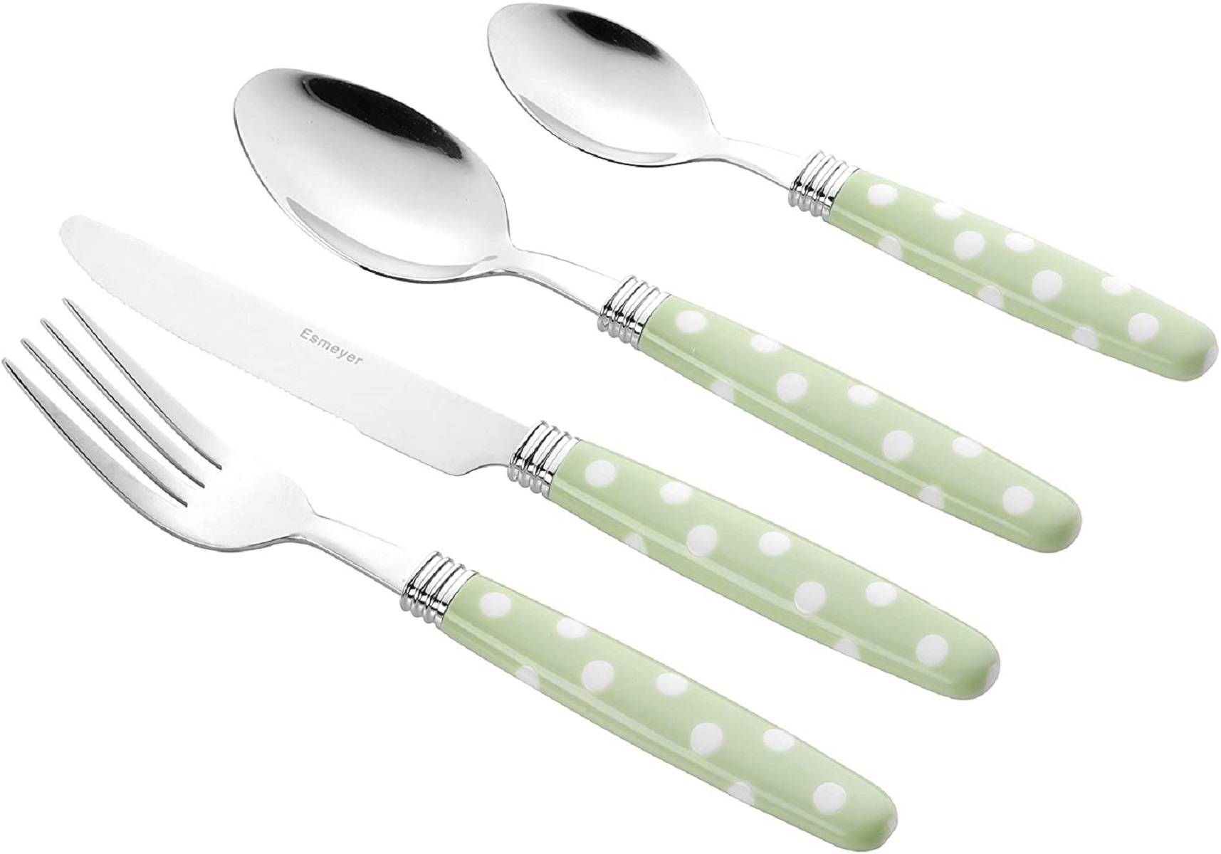 Esmeyer 199-365 24-TLG. Besteck Liana, lindgrün m. weißen Punkten aus Edelstahl 18/0 poliert, im runden Besteckkorb, in transparenter Runddose