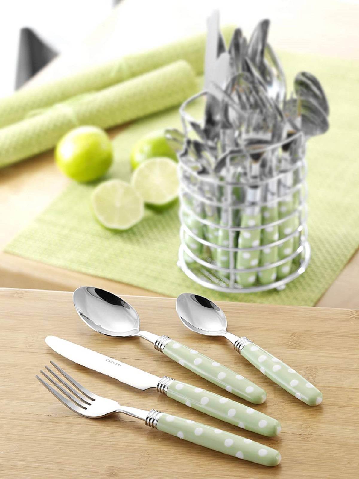 Esmeyer 199-365 24-TLG. Besteck Liana, lindgrün m. weißen Punkten aus Edelstahl 18/0 poliert, im runden Besteckkorb, in transparenter Runddose