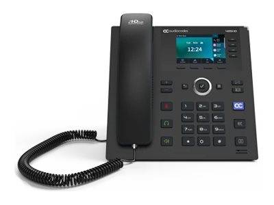 Schwarzes Schreibtischtelefon mit Hörer auf der linken Seite, Tastatur und kleines Farbdisplay auf der rechten Seite, spiralförmiges Kabel vorne.