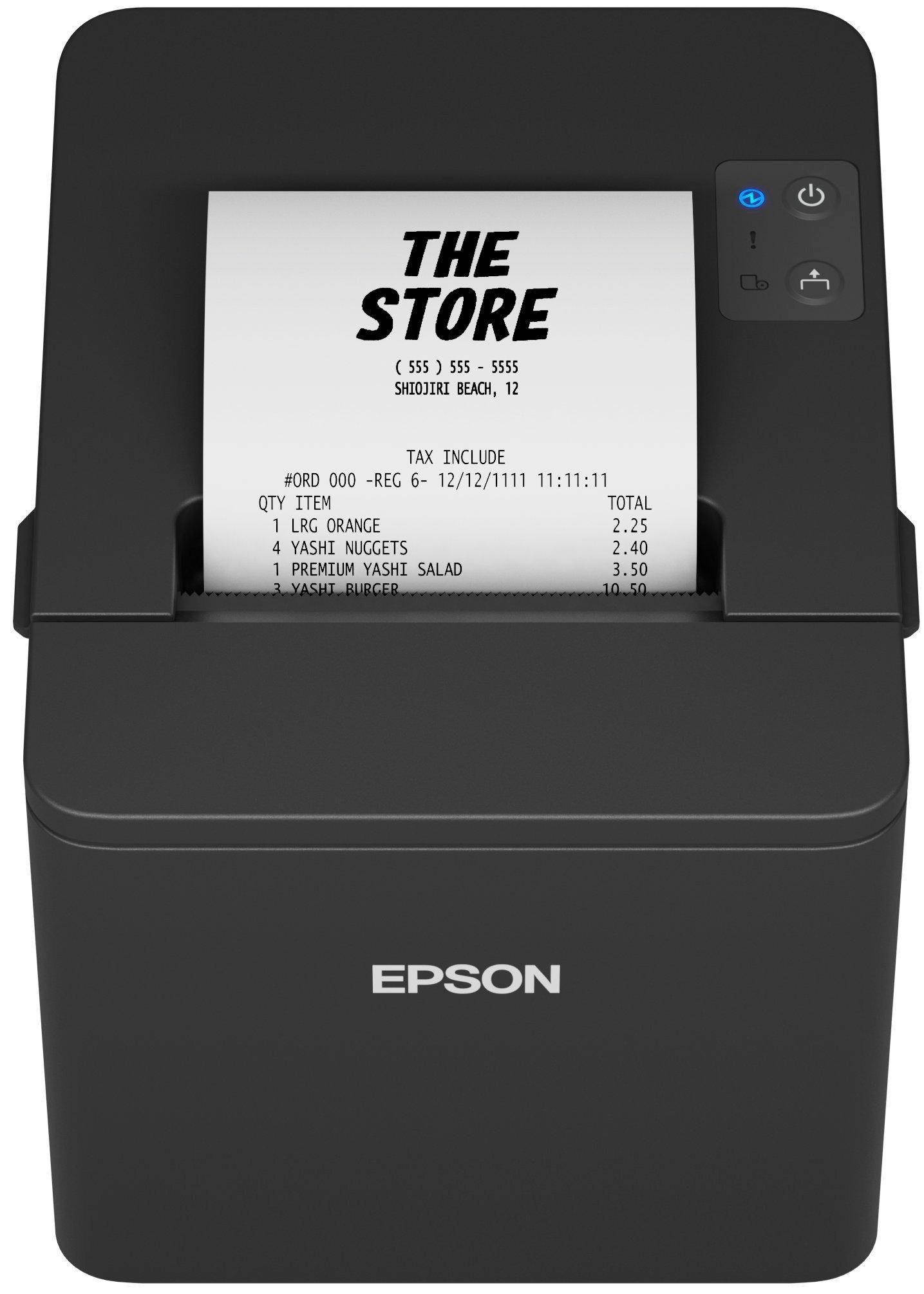 Epson-Kassenbon-Drucker druckt einen Laden-Kassenbon mit der Aufschrift „THE STORE