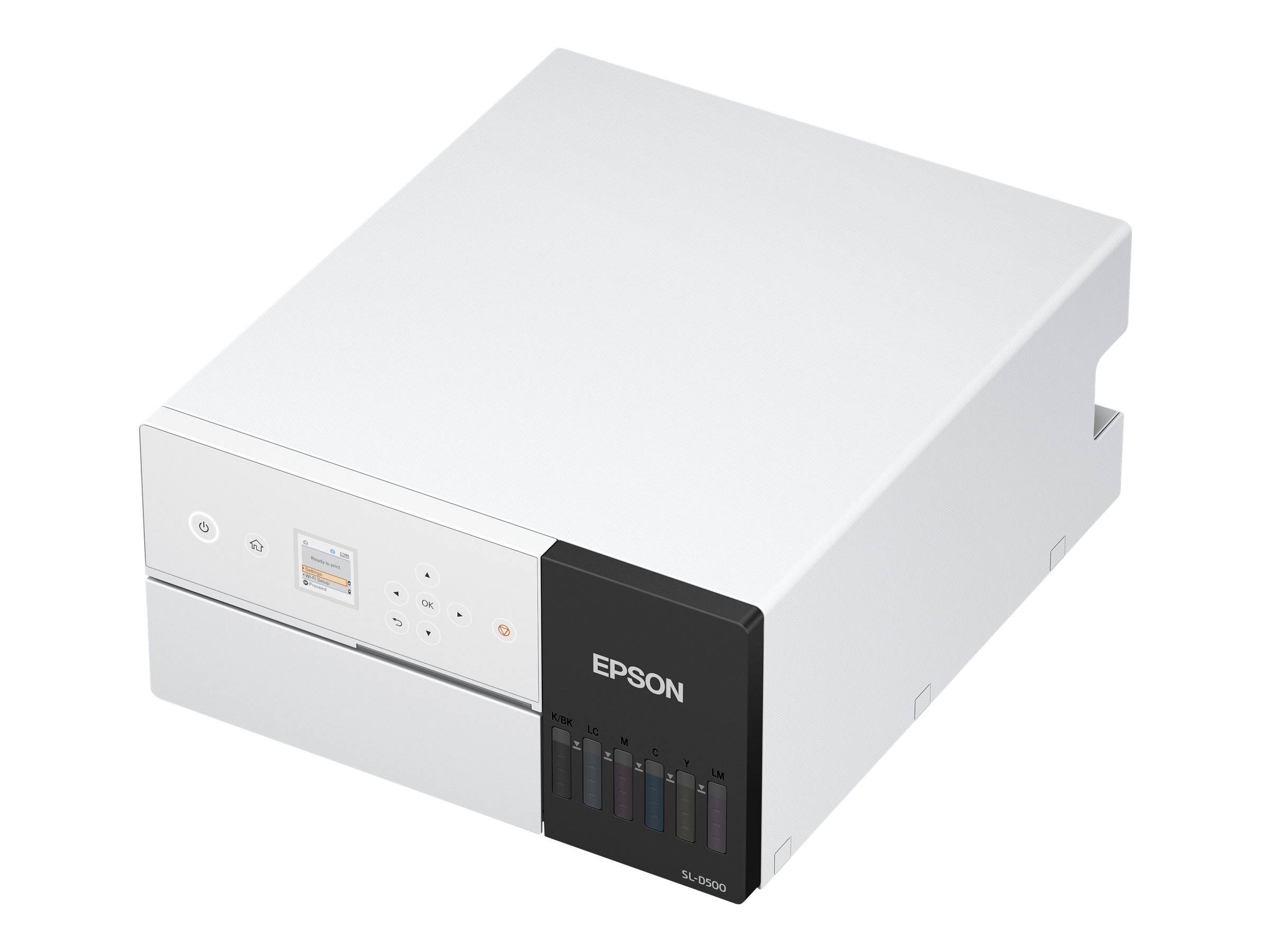 Epson-Drucker mit sichtbarem Tintentanksystem an der Seite, der seine nachfüllbaren Tintenpatronen und drahtlosen Druckfunktionen betont.