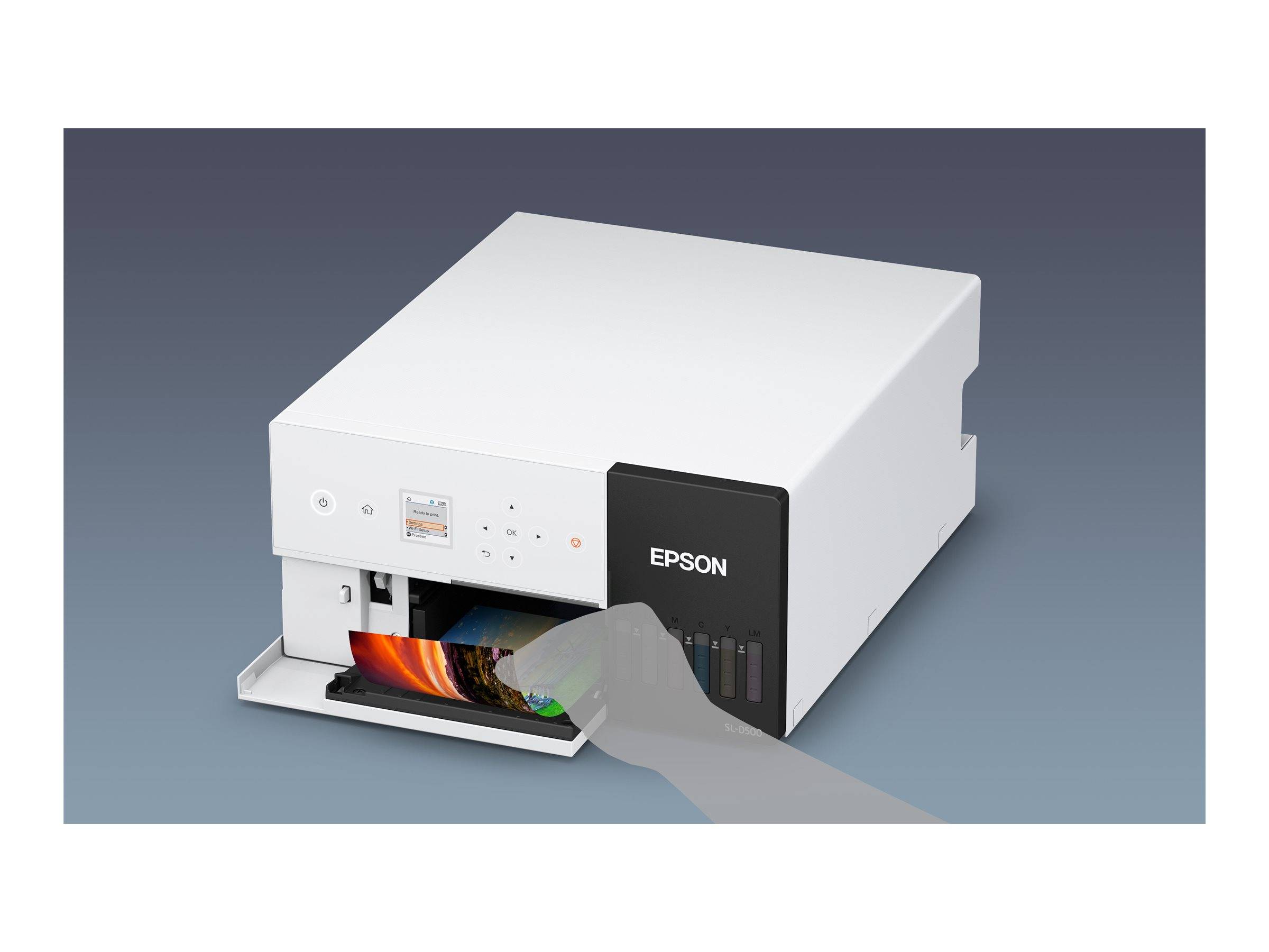 Ein weißer Drucker der Marke 'Epson' gibt ein farbenfrohes Foto aus und zeigt damit seine Fotodruck-Funktionalität.