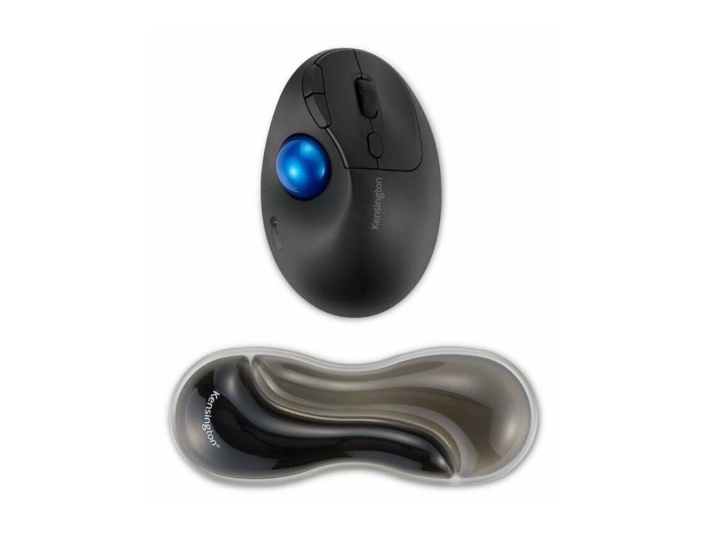 Schwarze ergonomische Trackball-Maus mit blauem Daumenball über einer passenden geformten Handgelenkstütze auf weißem Hintergrund