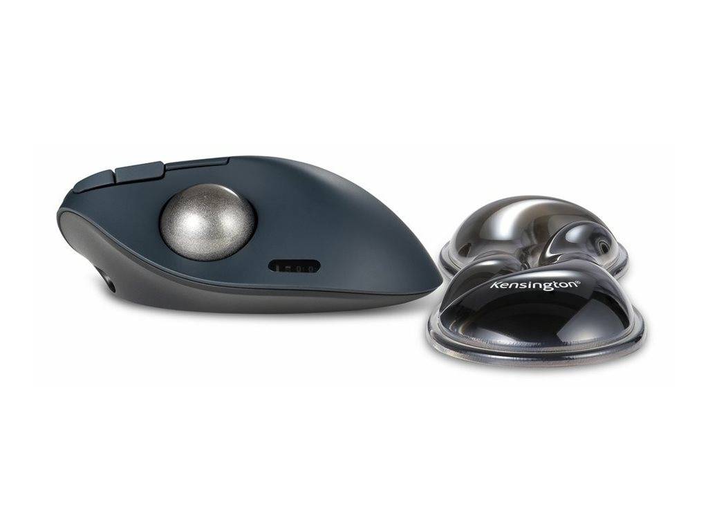 Eine Kensington-Trackball-Maus mit einer großen Daumenkugel und einer passenden abnehmbaren Trackball-Basis, auf weißem Hintergrund dargestellt.