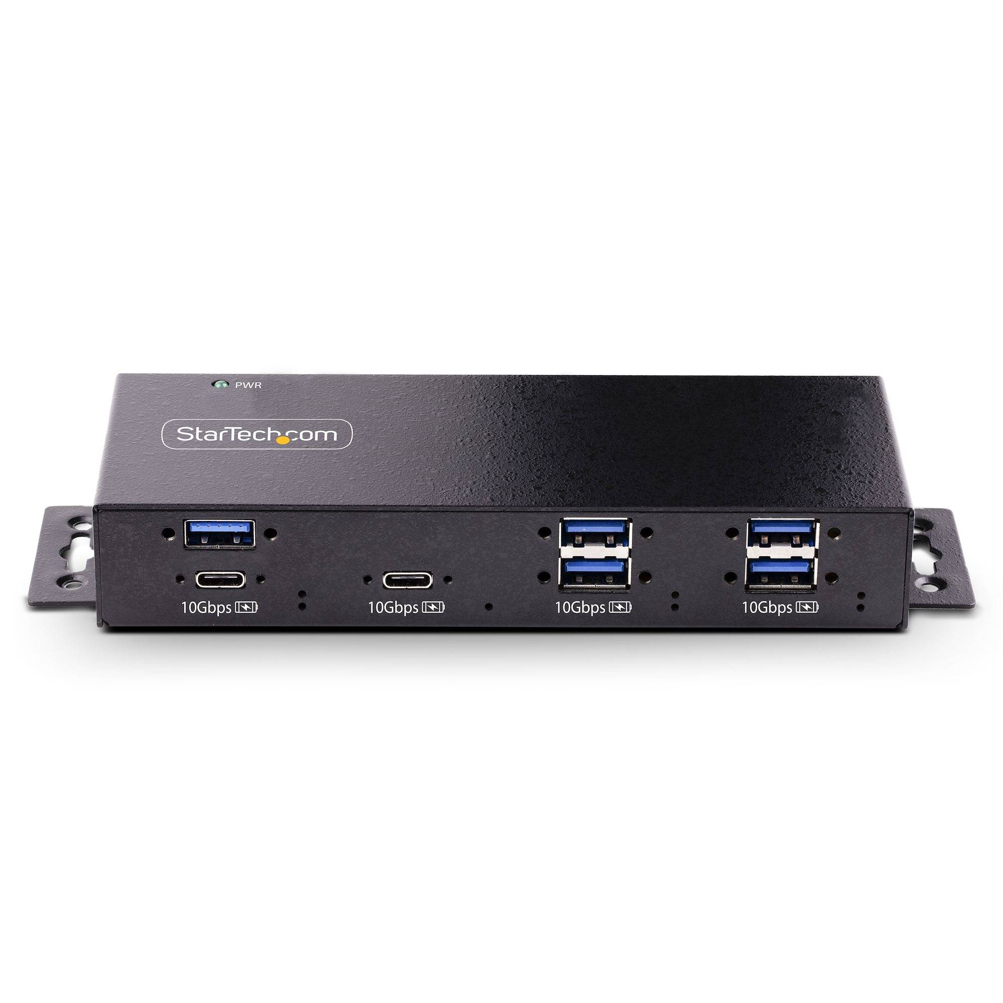 Black StarTech.com AV/IT-Schnittstellenbox mit vier USB-C- und USB-A-Anschlüssen an der Vorderseite mit der Bezeichnung 10Gbps sowie seitlichen Montageklammern.