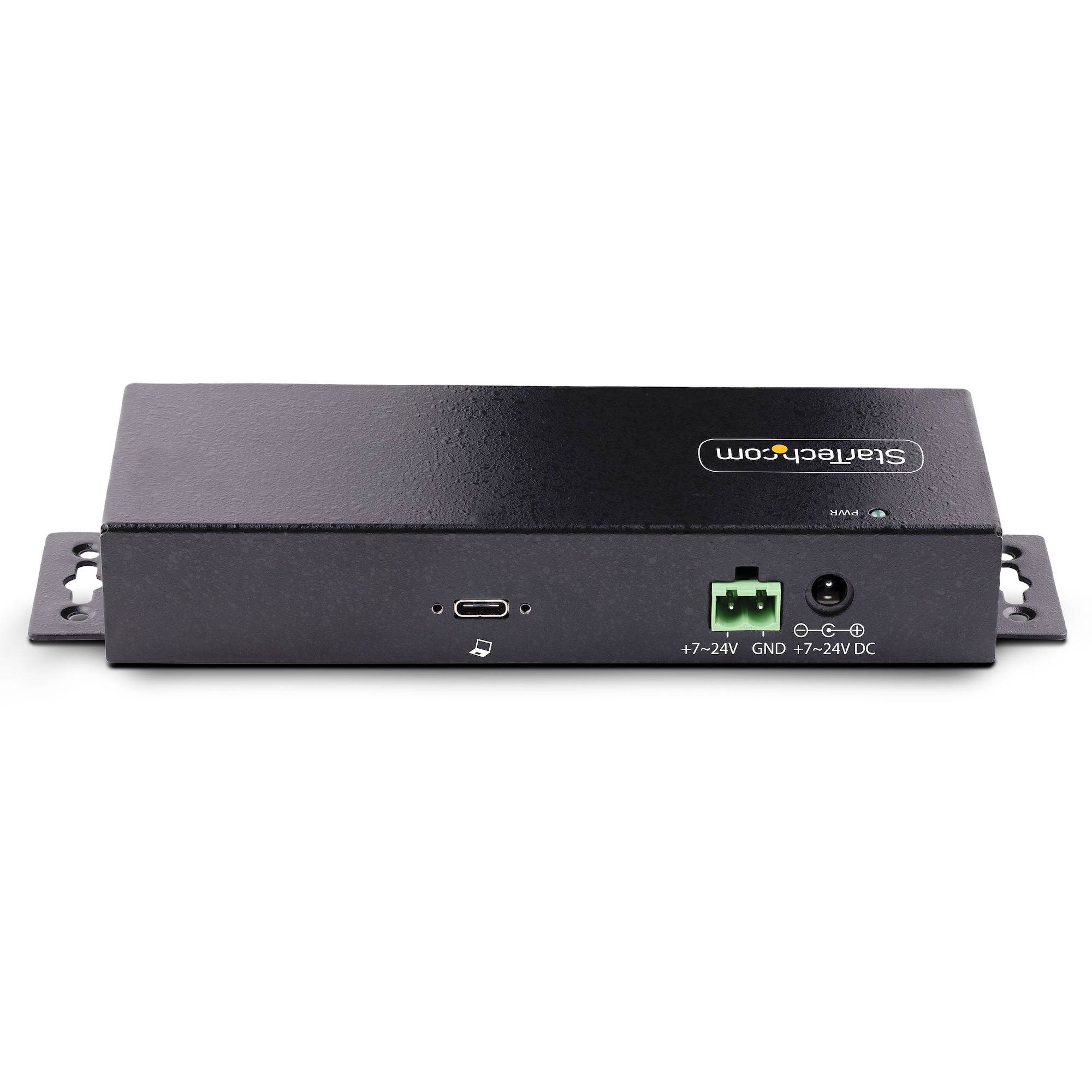 Black StarTech.com-Geräte-Modul mit USB-C-Anschluss, grünem Stromterminal und DC-Eingang auf einer Montageklammer.