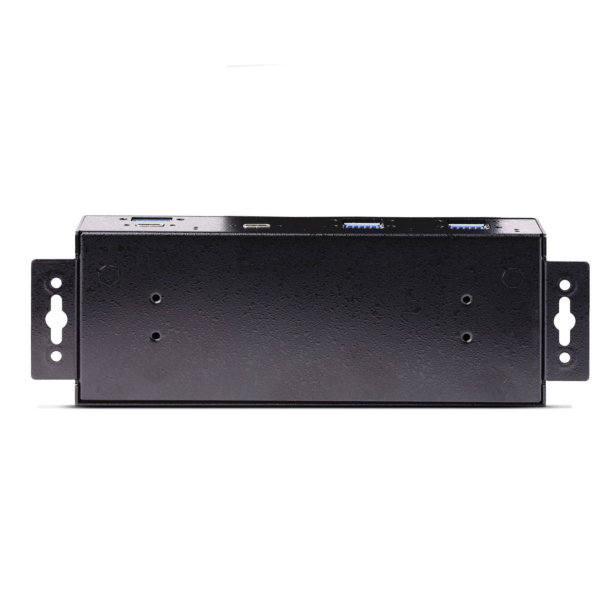 Schwarzes Metall-Rack-Mount-Computermodul mit Seitenbefestigungen und vorderen Anschlussöffnungen/LED-Aussparungen, isoliert auf weißem Hintergrund dargestellt.