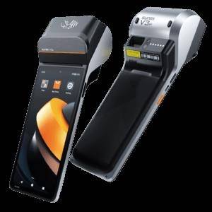 Zwei tragbare Kartenzahlungsterminals von vorne und hinten gezeigt, mit Touchscreen-Display und Belegdrucker.