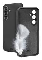 Schwarze Smartphone-Schutzhülle von vorne und hinten gezeigt, mit dreifachen Kameraausschnitten und weißem Federdesign auf der Rückseite.