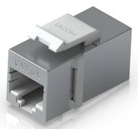 Grauer CAT6a Ethernet Keystone-Anschluss mit weißer Oberseite und Riegel, beschriftet mit UCOM.