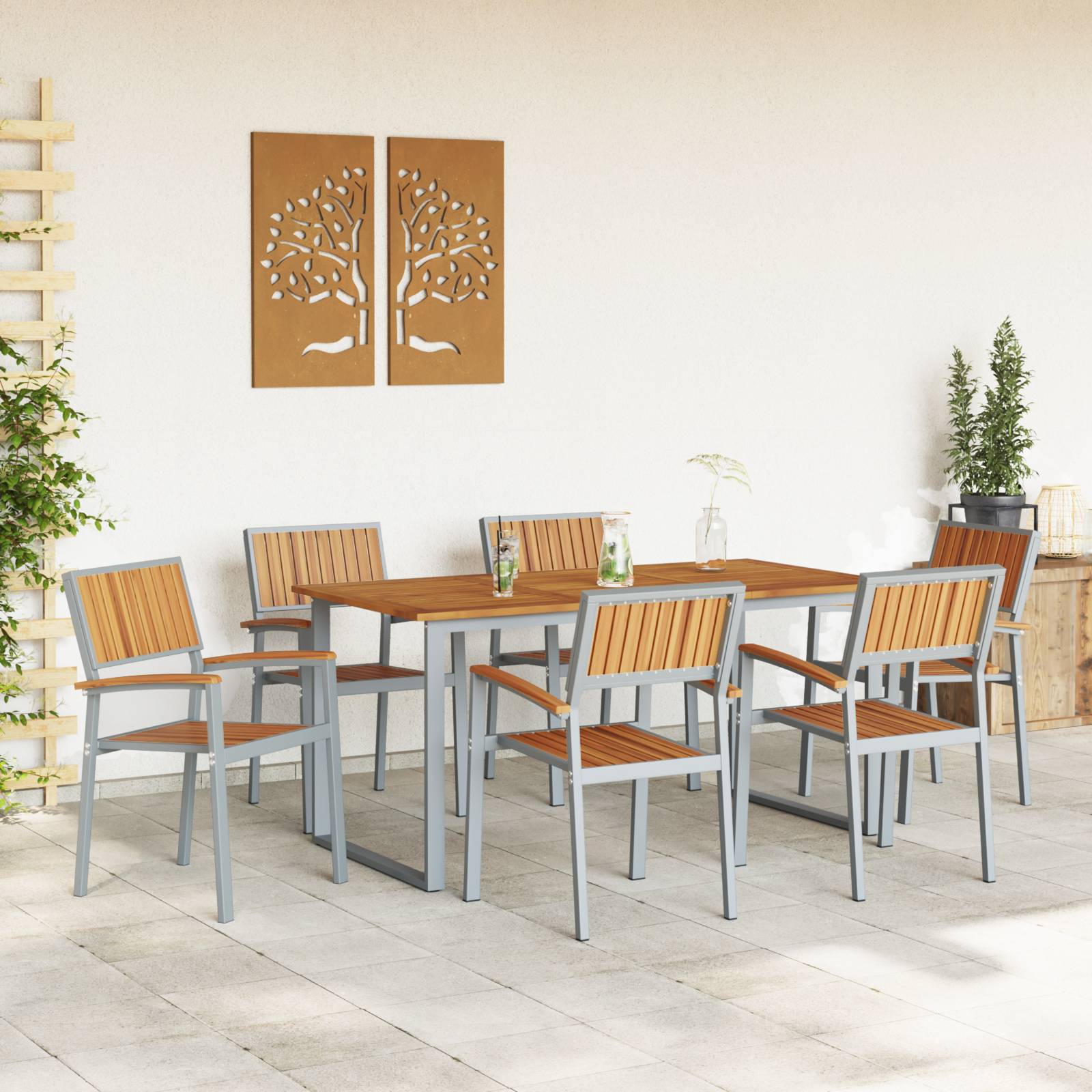 vidaXL 7-tlg. Garten-Essgruppe Grau Stahl und Massivholz Akazie