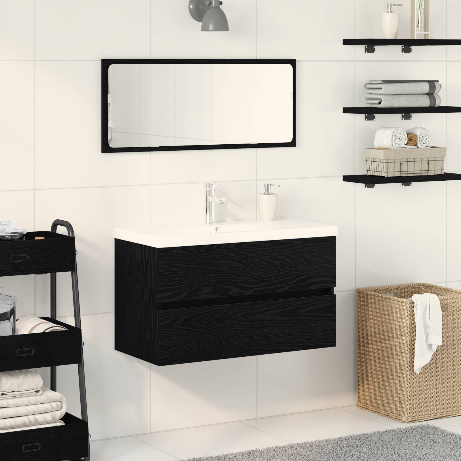 vidaXL Waschbeckenunterschrank mit eingebautem Waschbecken Schwarz Eiche Holzwerkstoff