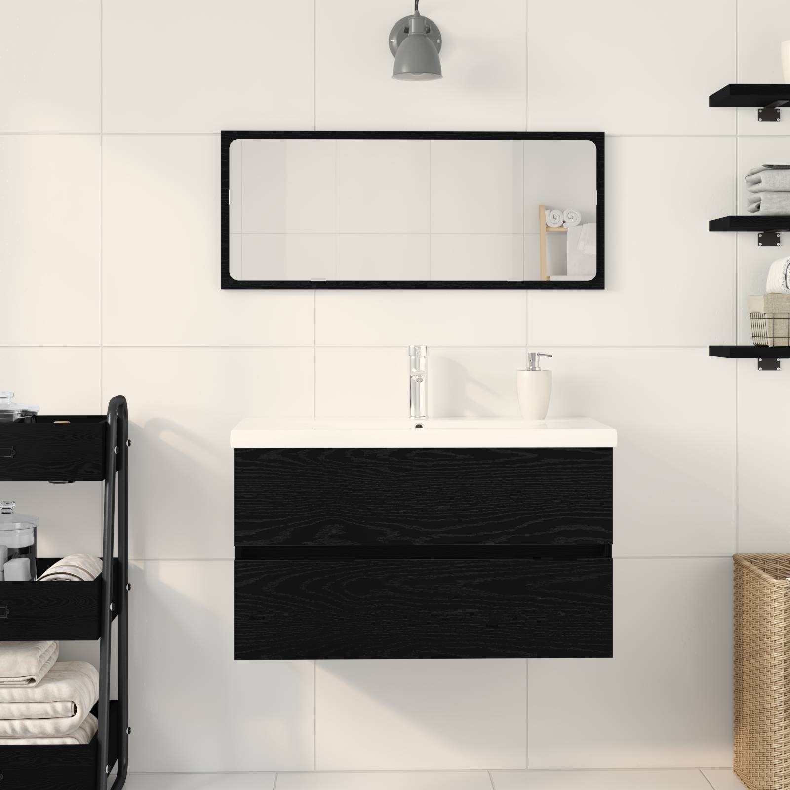 vidaXL Waschbeckenunterschrank mit eingebautem Waschbecken Schwarz Eiche Holzwerkstoff