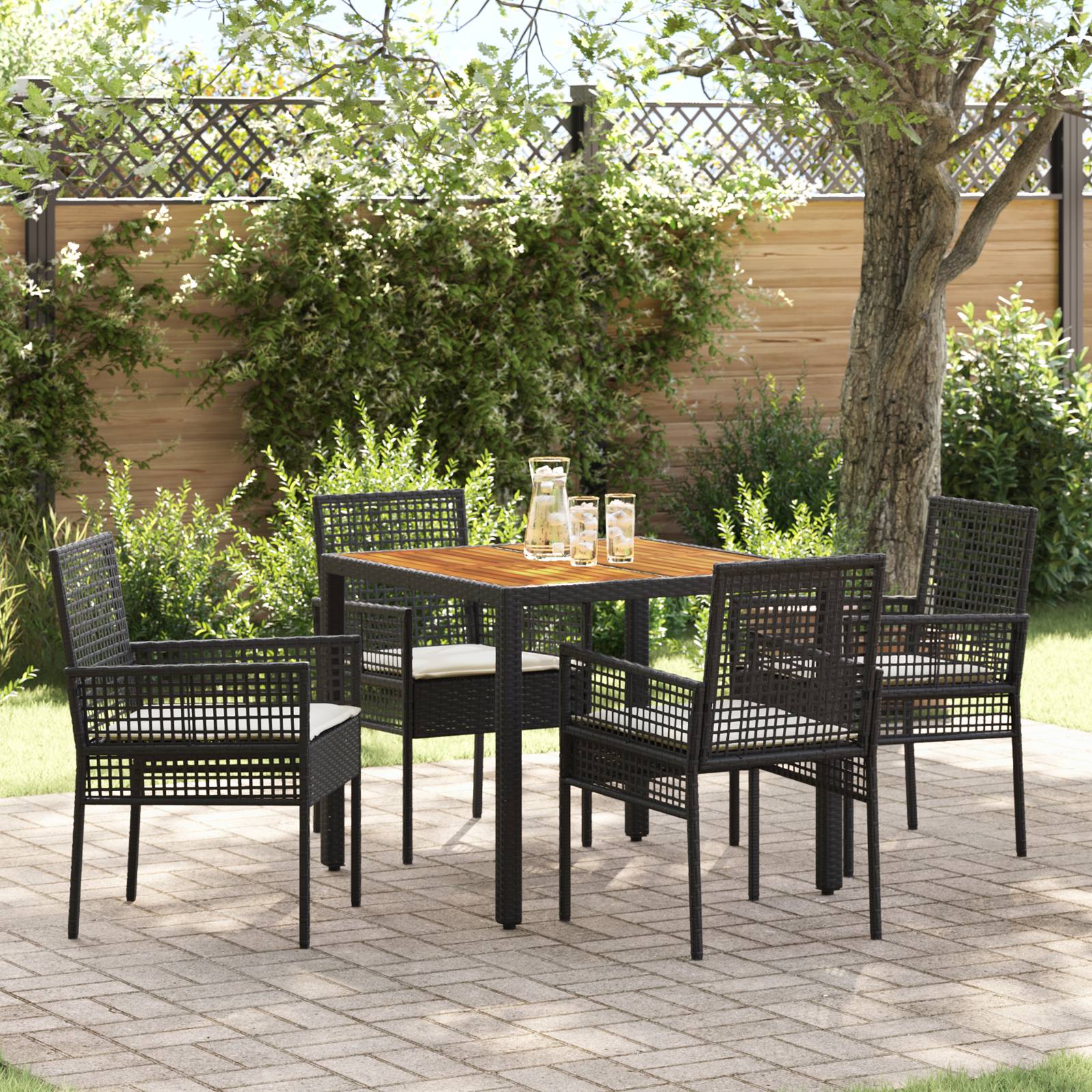 vidaXL 5-teiliges Garten-Essgruppen-Set mit Kissen in Schwarz aus Poly-Rattan