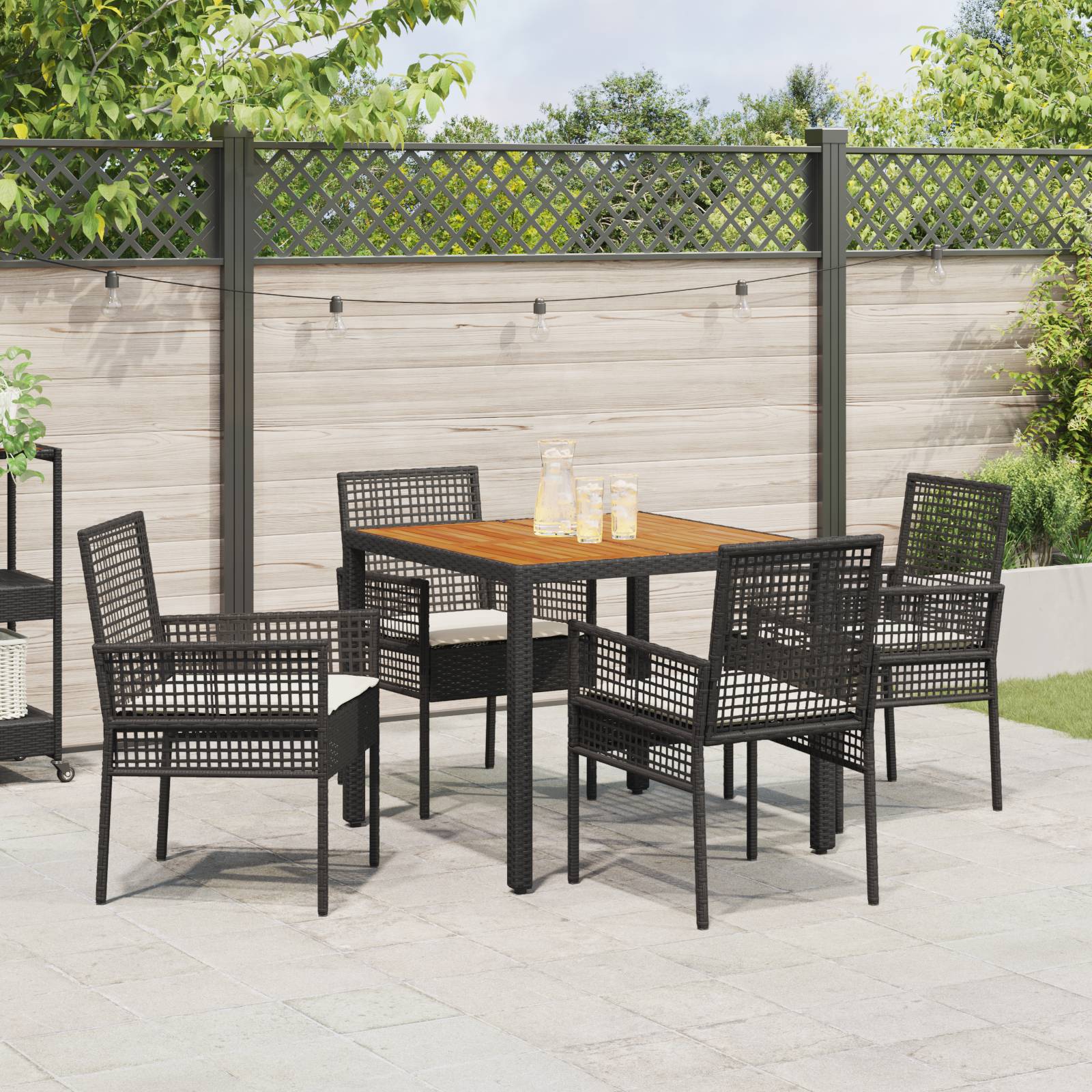 vidaXL 5-teiliges Garten-Essgruppen-Set mit Kissen in Schwarz aus Poly-Rattan