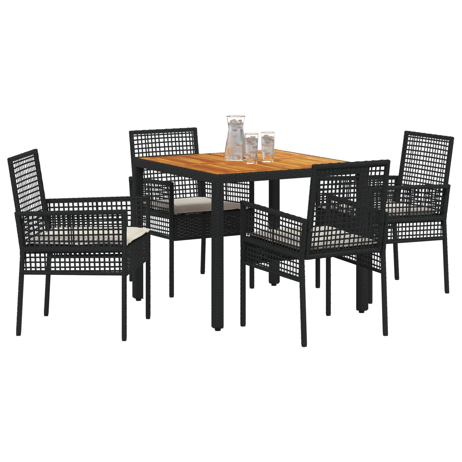 vidaXL 5-teiliges Garten-Essgruppen-Set mit Kissen in Schwarz aus Poly-Rattan
