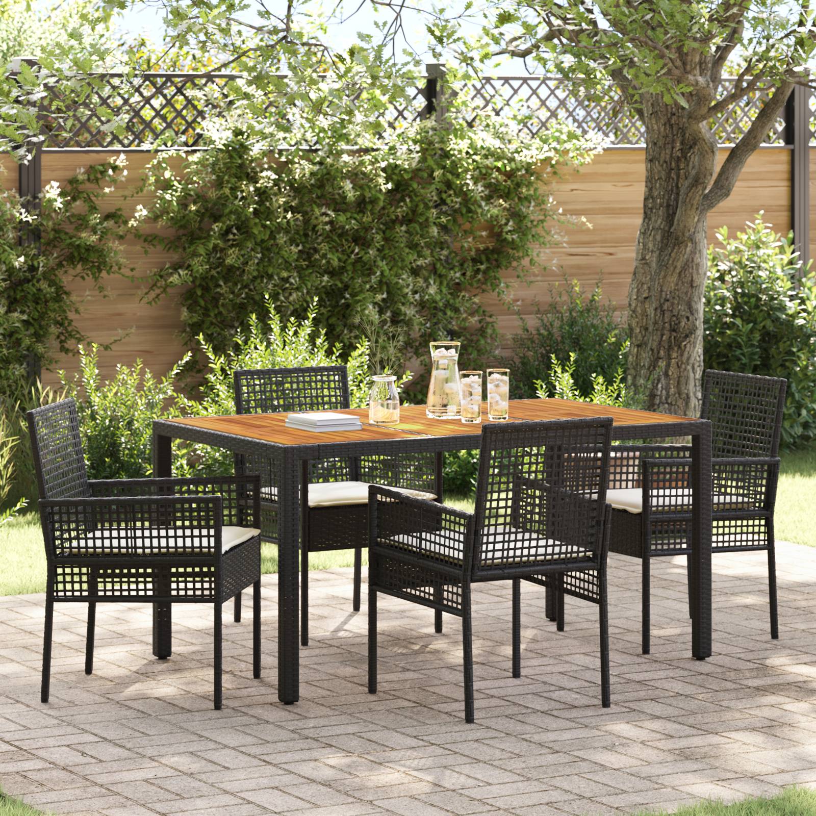 vidaXL 5-teiliges Garten Esszimmer Set mit Kissen Schwarz Poly Rattan