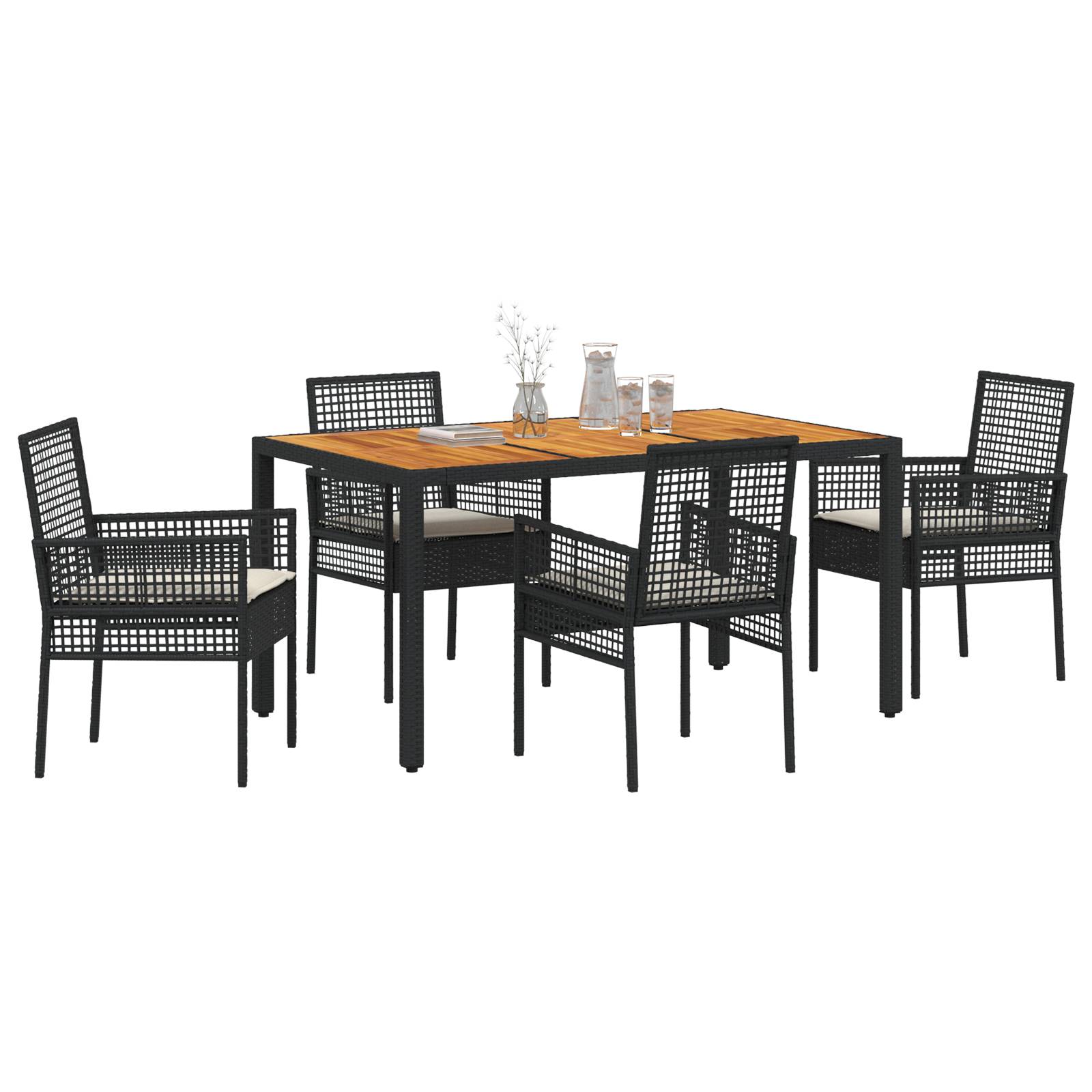 vidaXL 5-teiliges Garten Esszimmer Set mit Kissen Schwarz Poly Rattan