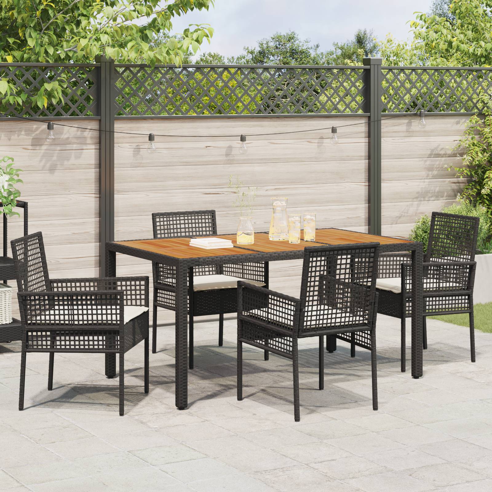 vidaXL 5-teiliges Garten Esszimmer Set mit Kissen Schwarz Poly Rattan