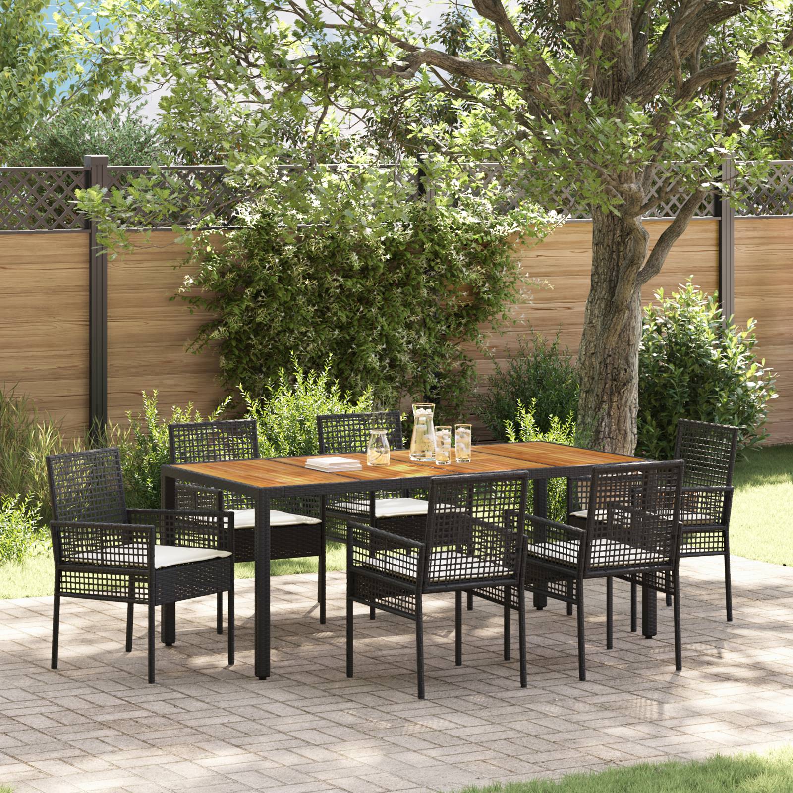 vidaXL 7-teilige Garten-Essgruppe mit Kissen Schwarz Poly Rattan
