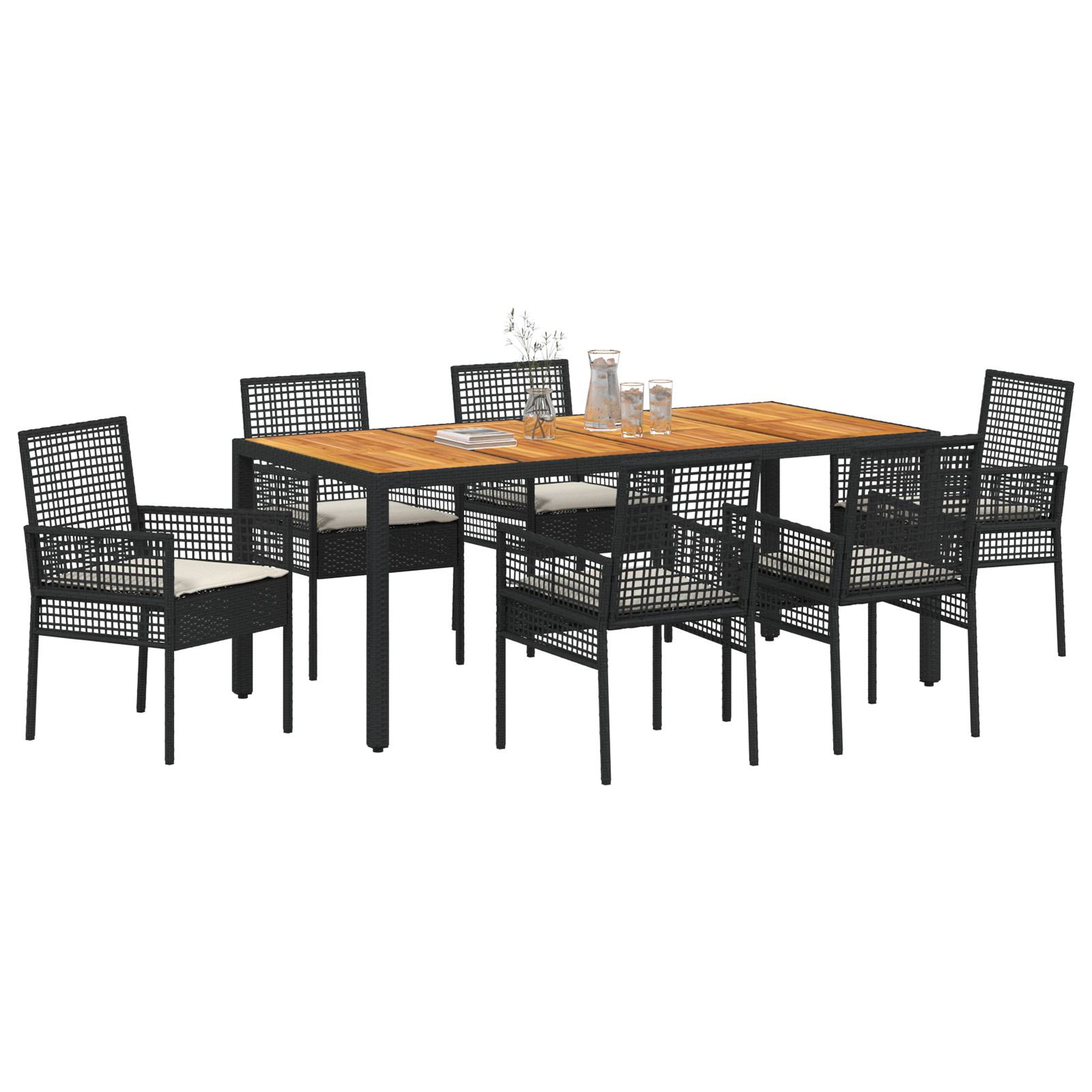vidaXL 7-teilige Garten-Essgruppe mit Kissen Schwarz Poly Rattan