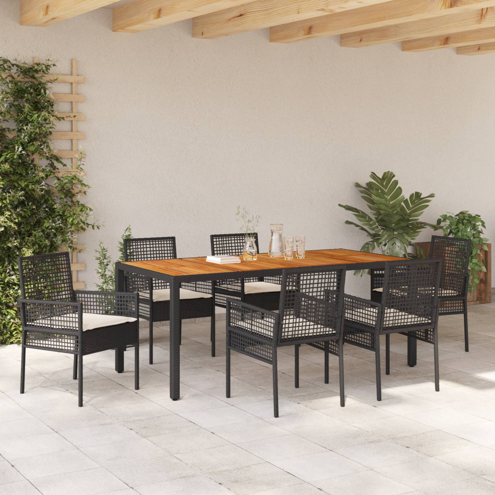 vidaXL 7-teilige Garten-Essgruppe mit Kissen Schwarz Poly Rattan