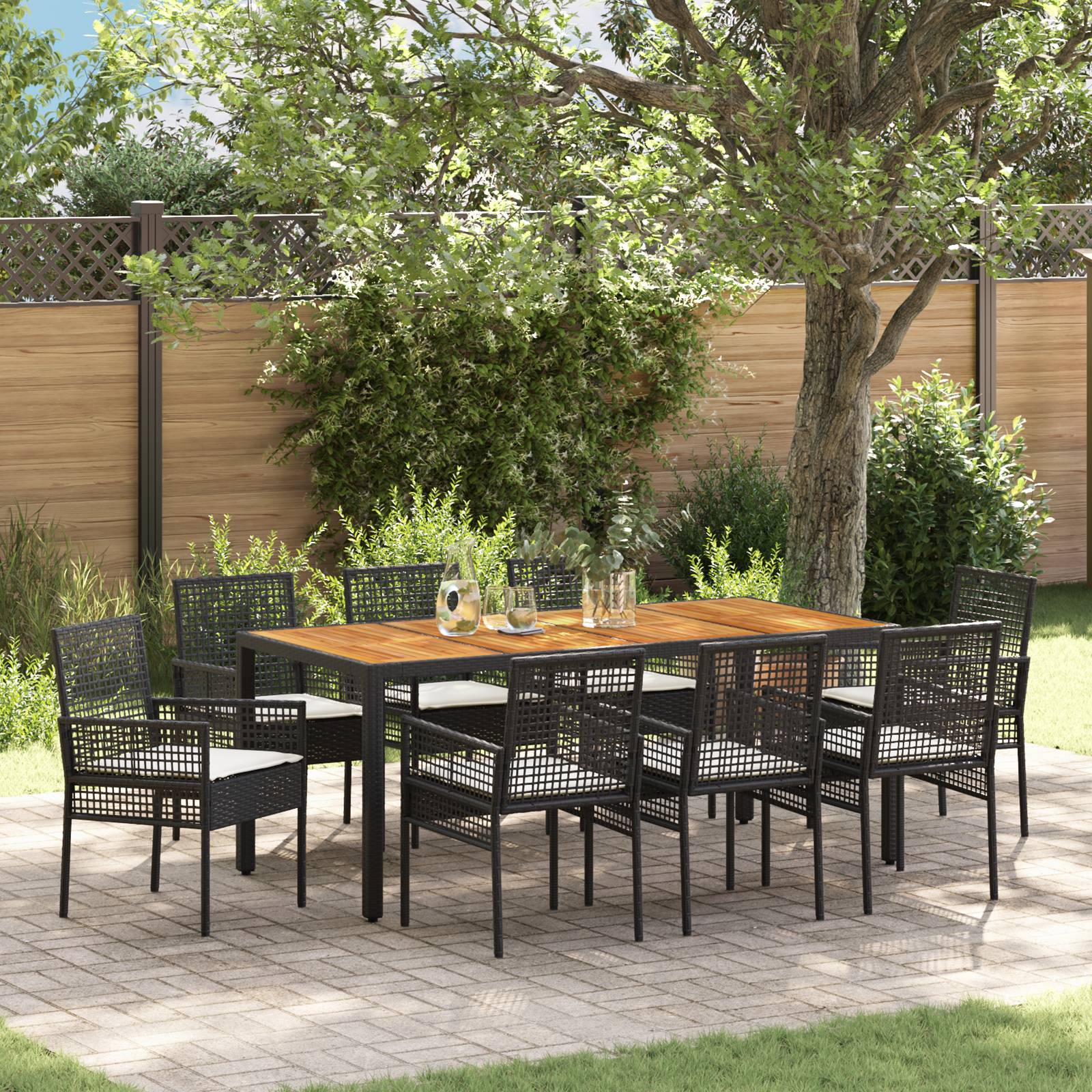 vidaXL 9-teiliges Garten Essset mit Kissen in Schwarz Poly Rattan