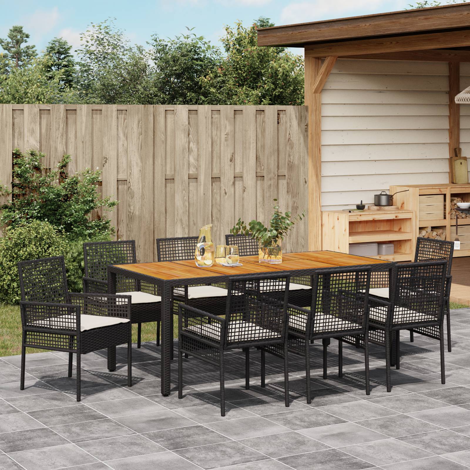 vidaXL 9-teiliges Garten Essset mit Kissen in Schwarz Poly Rattan