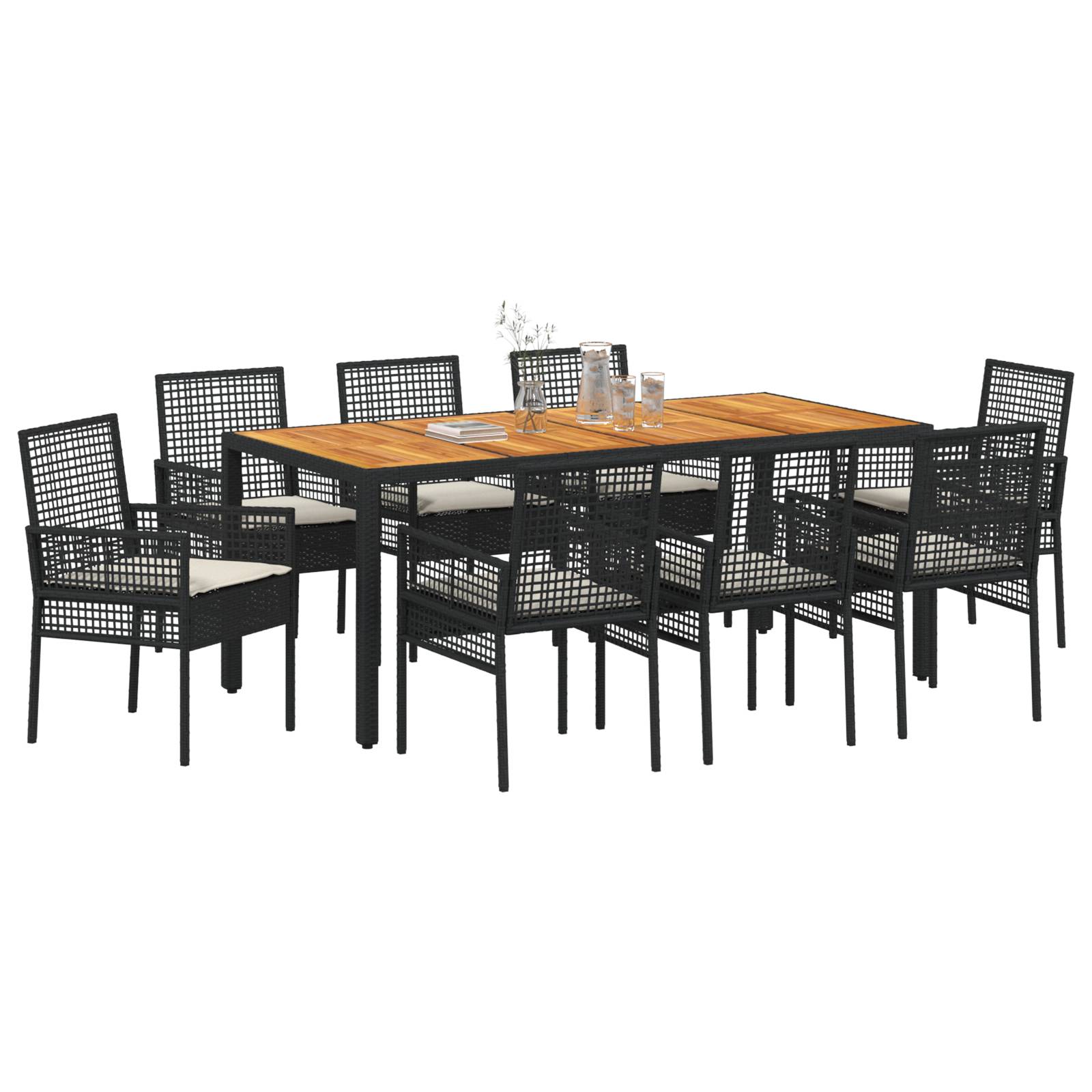 vidaXL 9-teiliges Garten Essset mit Kissen in Schwarz Poly Rattan