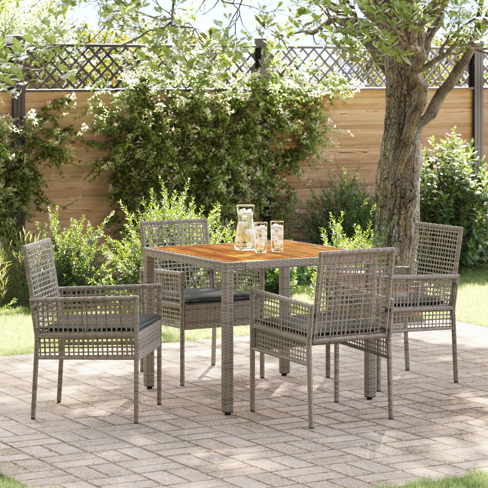 vidaXL 5-teiliges Garten Esszimmer Set mit Kissen Grau Poly Rattan