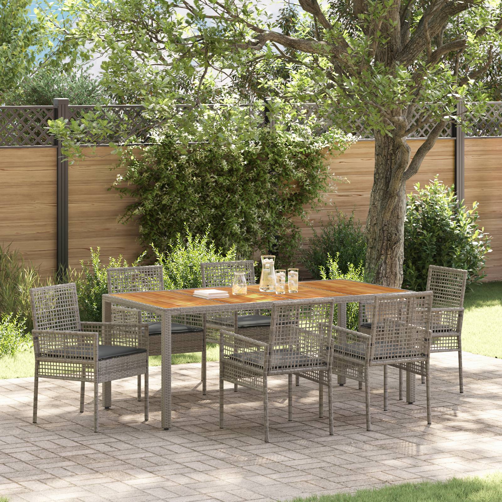 vidaXL 7-teiliges Garten-Eßtisch-Set mit Kissen grau Poly-Rattan