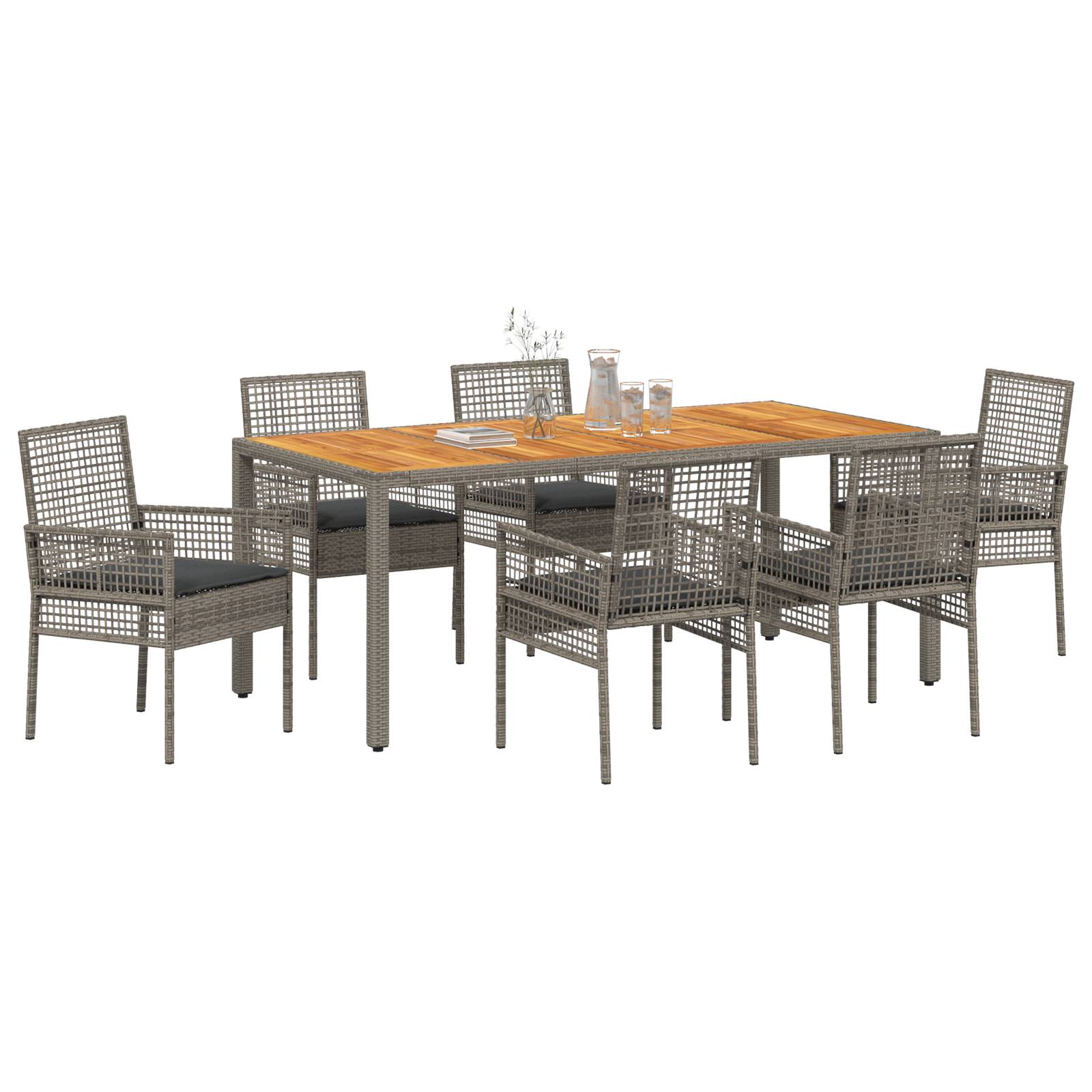 vidaXL 7-teiliges Garten-Eßtisch-Set mit Kissen grau Poly-Rattan