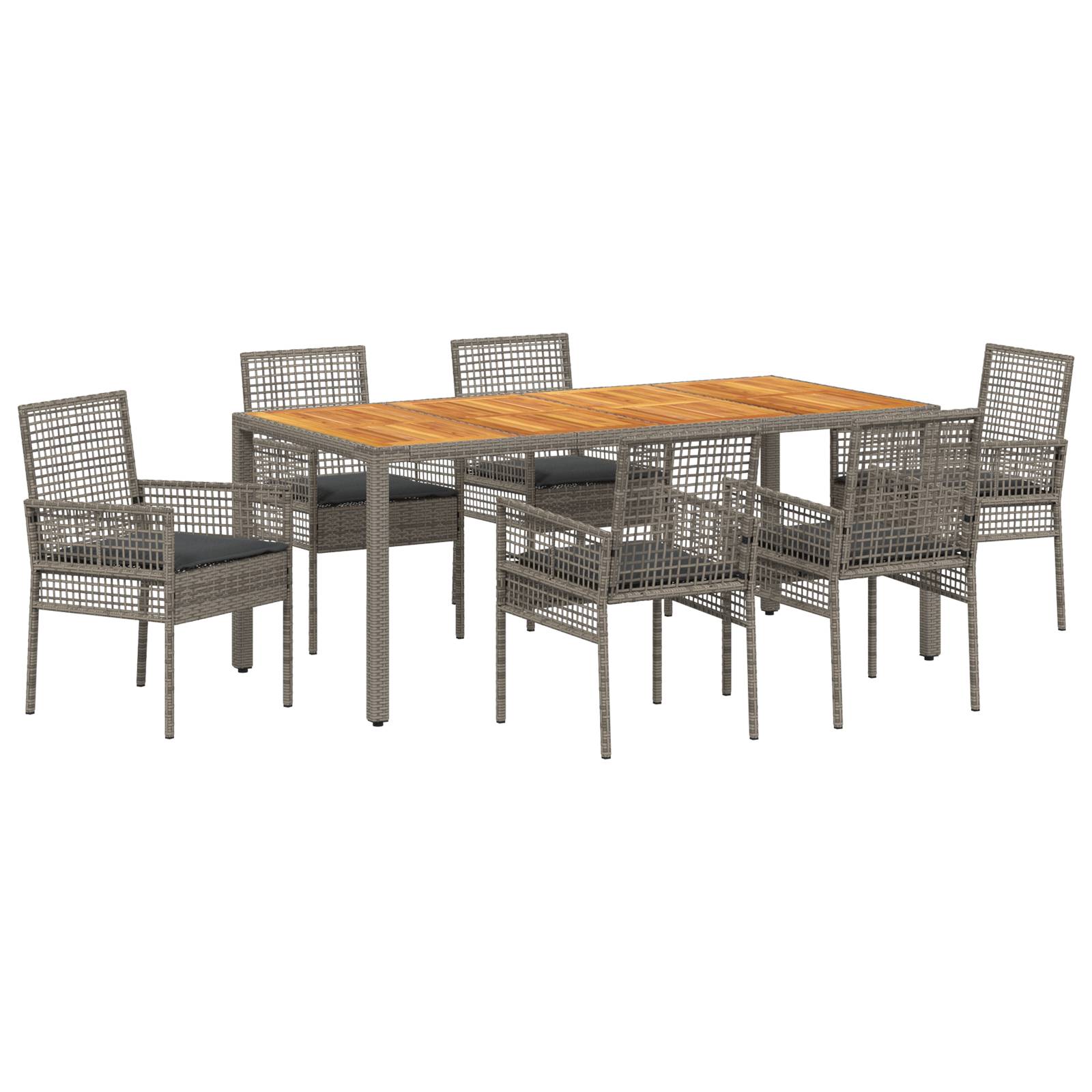 vidaXL 7-teiliges Garten-Eßtisch-Set mit Kissen grau Poly-Rattan