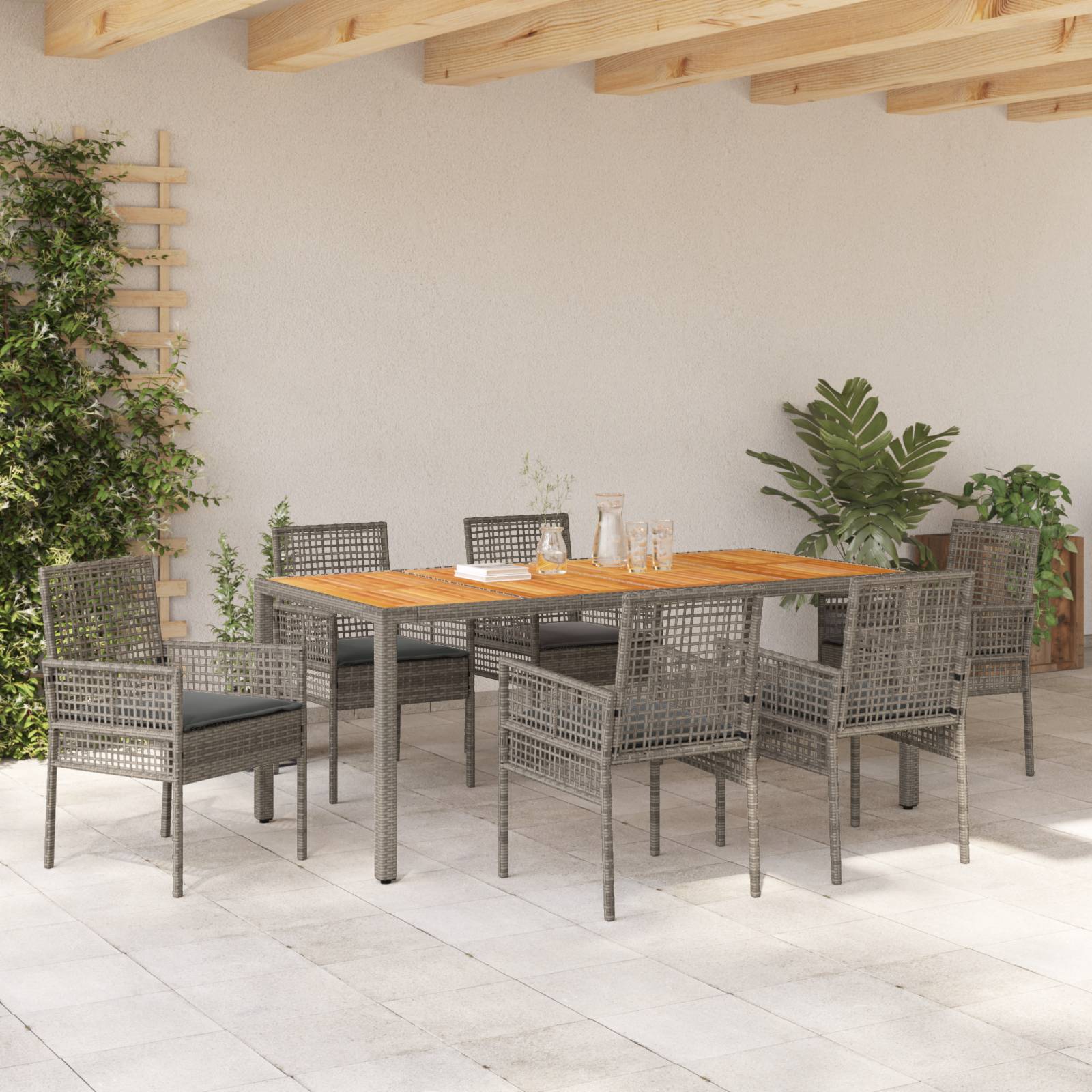 vidaXL 7-teiliges Garten-Eßtisch-Set mit Kissen grau Poly-Rattan