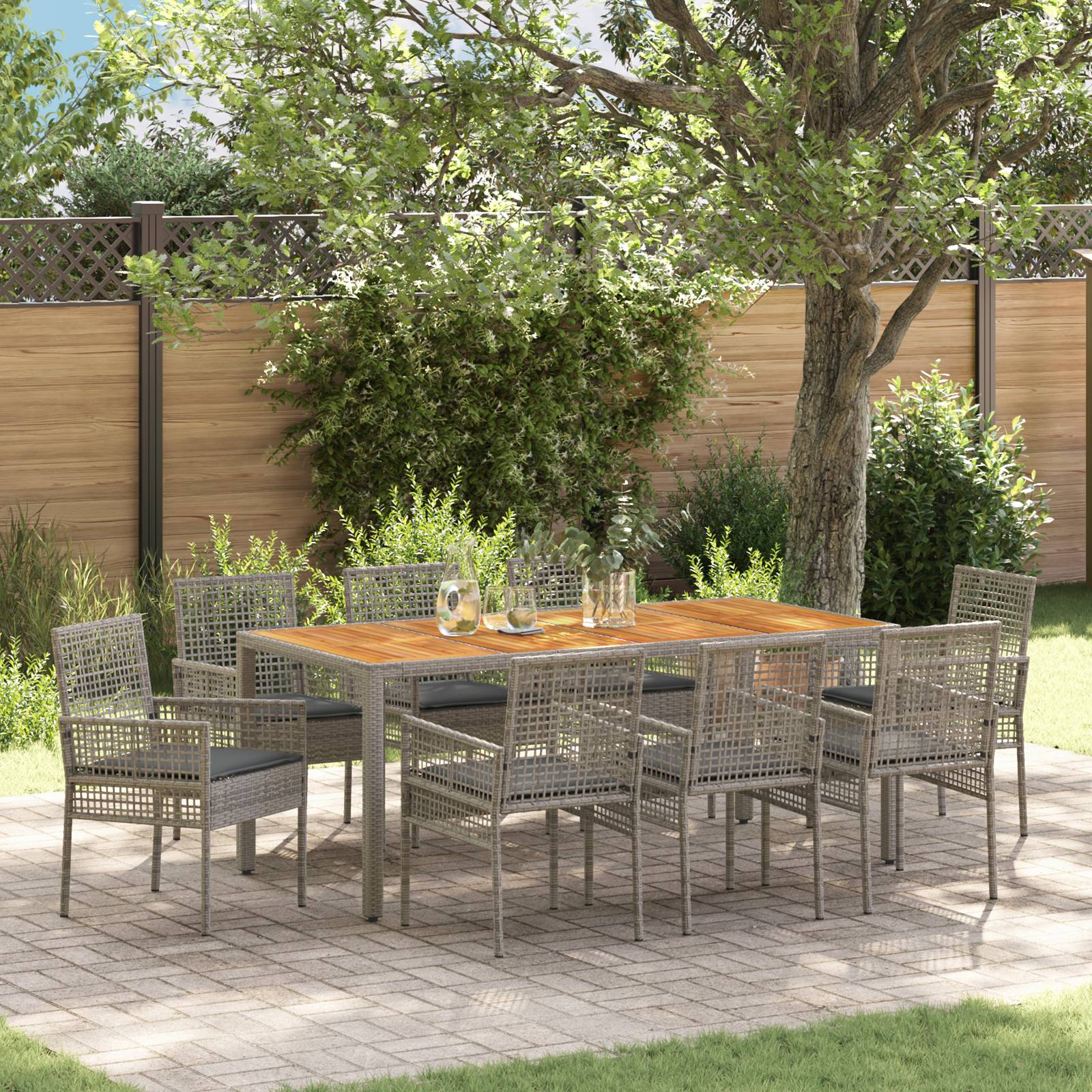 vidaXL 9-teiliges Garten Essgruppe mit Kissen Grau Poly Rattan