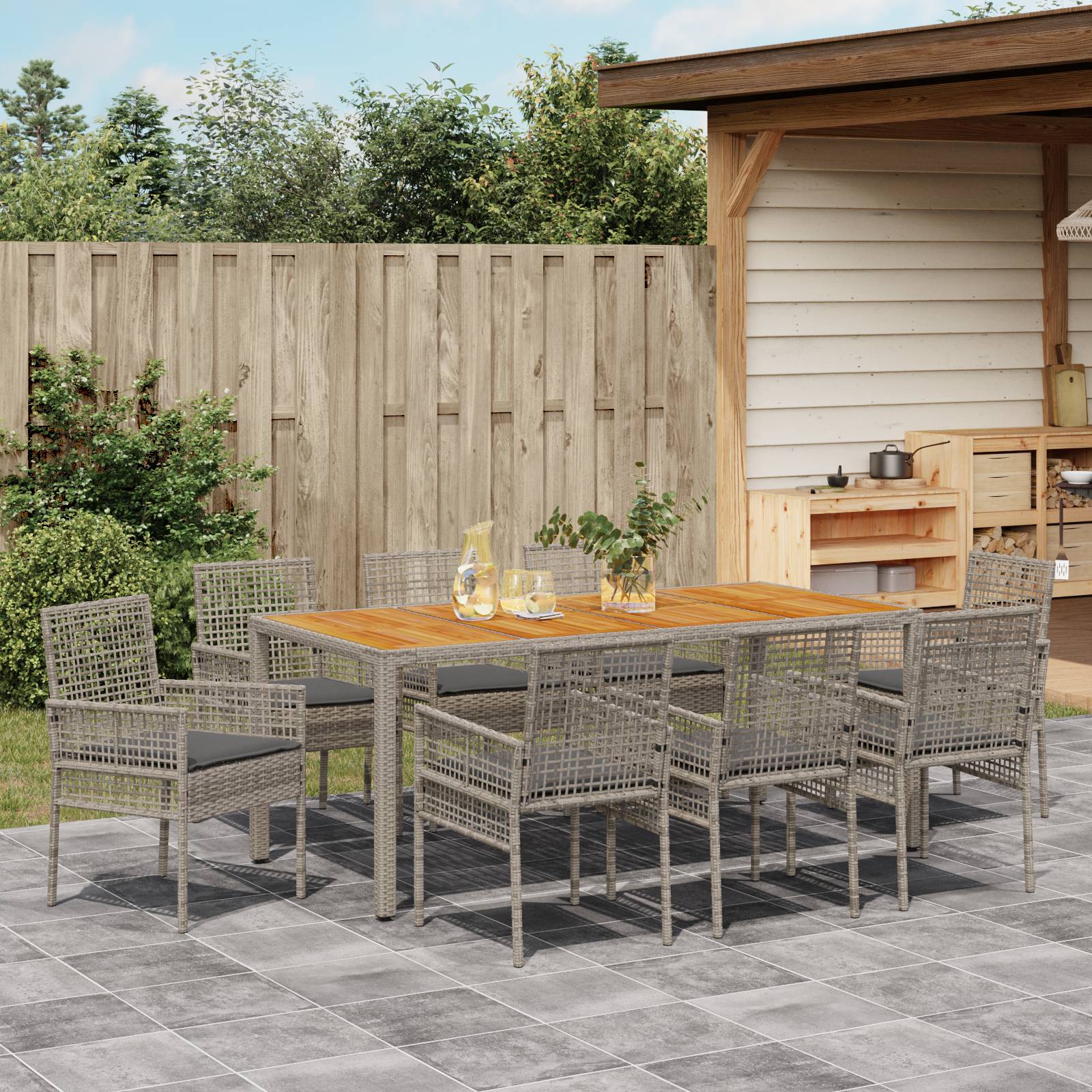 vidaXL 9-teiliges Garten Essgruppe mit Kissen Grau Poly Rattan