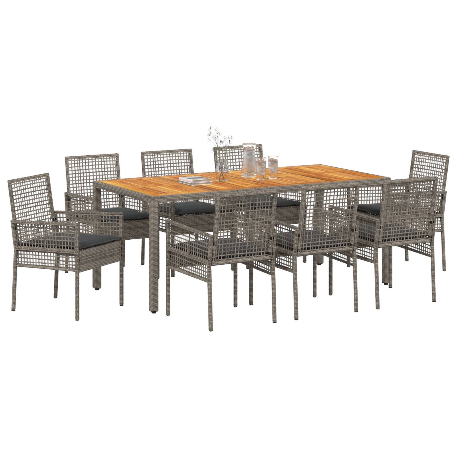 vidaXL 9-teiliges Garten Essgruppe mit Kissen Grau Poly Rattan