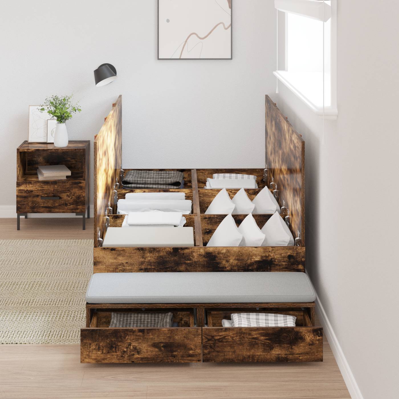vidaXL Stauraum Bettgestell Geräucherter Eiche 90x190 cm