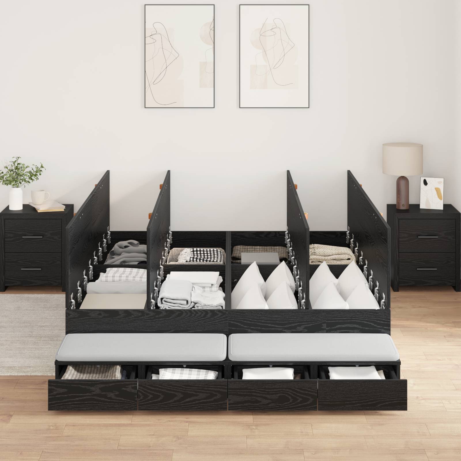 vidaXL Stauraum-Bettgestell Schwarz Eiche 160x200 cm