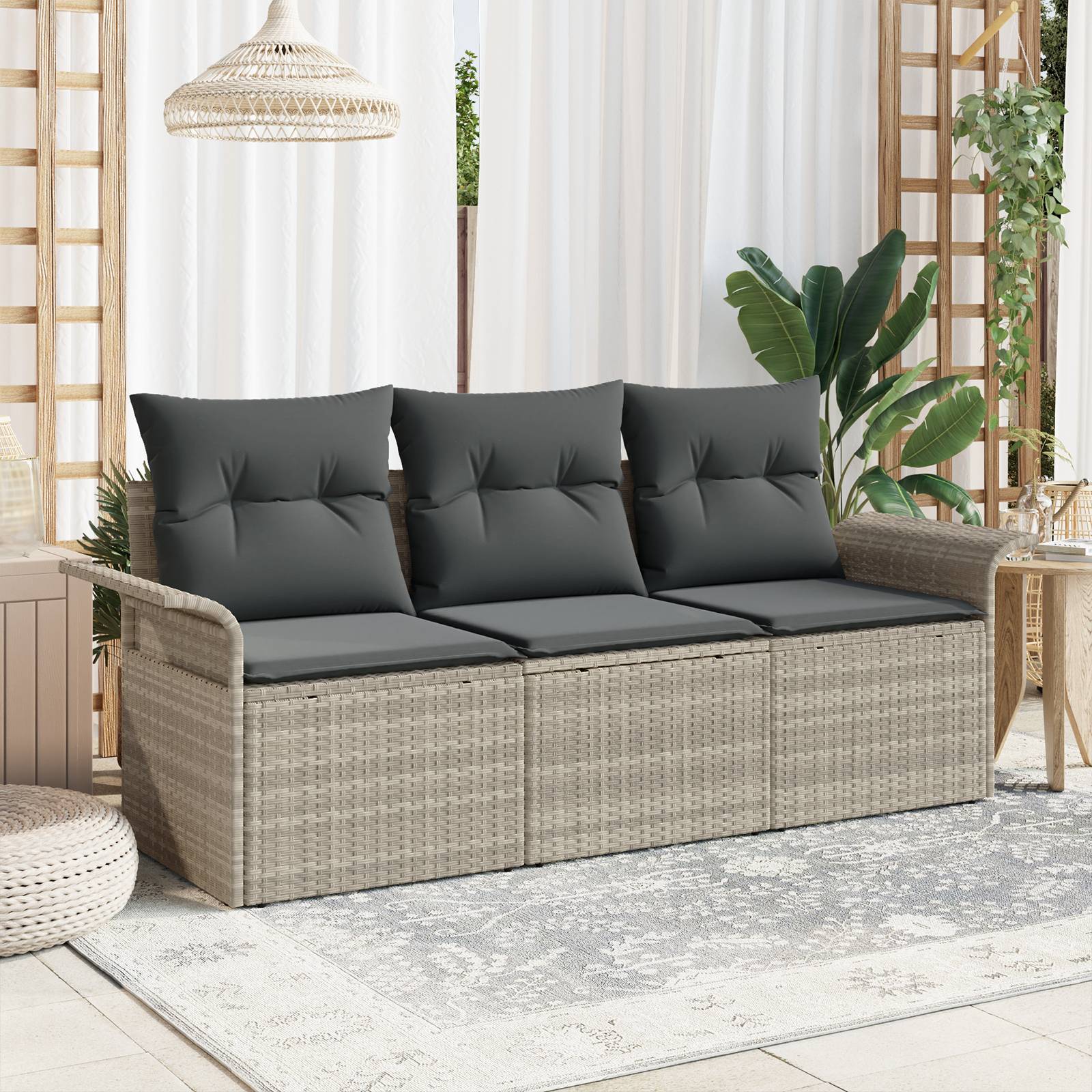 vidaXL 3-teiliges Garten-Sofa-Set mit Kissen in Hellgrau aus Poly-Rattan