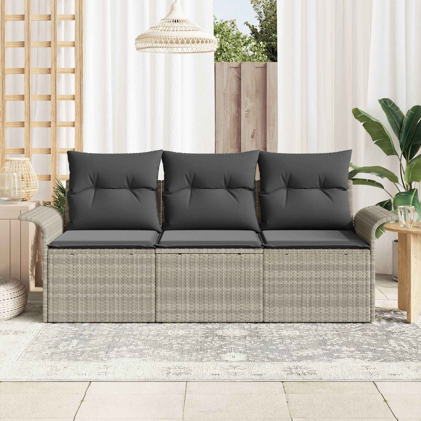 vidaXL 3-teiliges Garten-Sofa-Set mit Kissen in Hellgrau aus Poly-Rattan