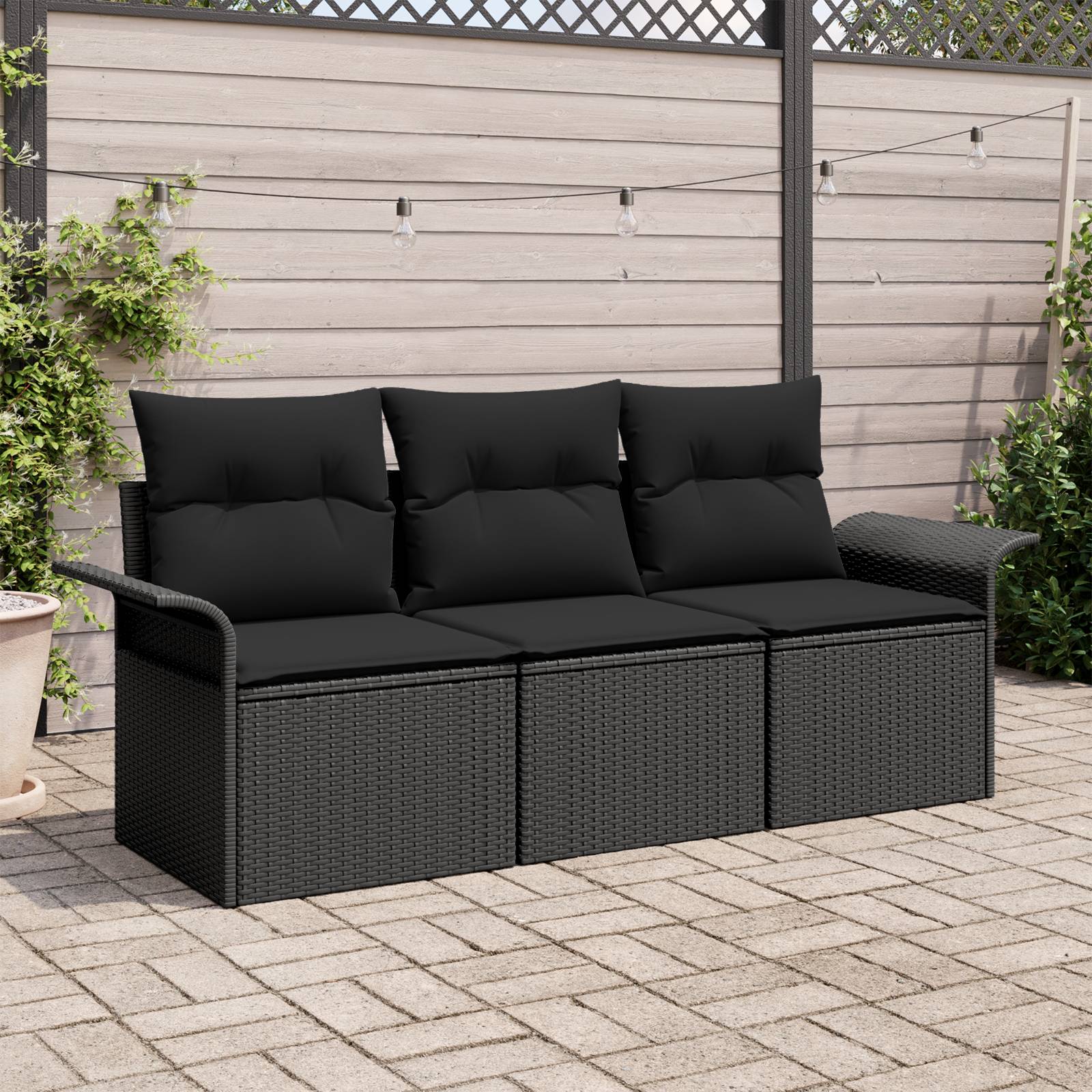 vidaXL 3-teiliges Garten-Sofa-Set mit Kissen - Schwarzes Poly-Rattan