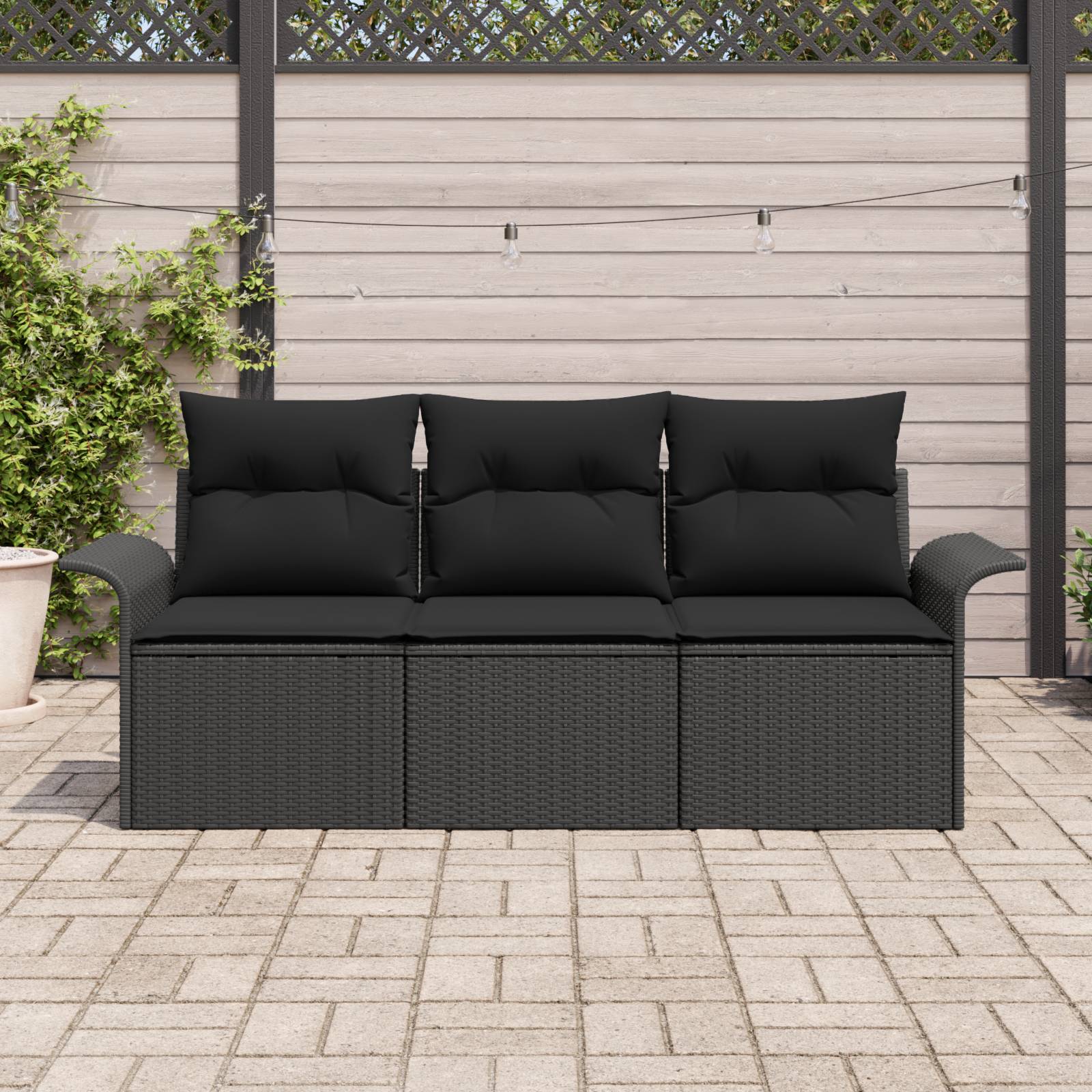 vidaXL 3-teiliges Garten-Sofa-Set mit Kissen - Schwarzes Poly-Rattan