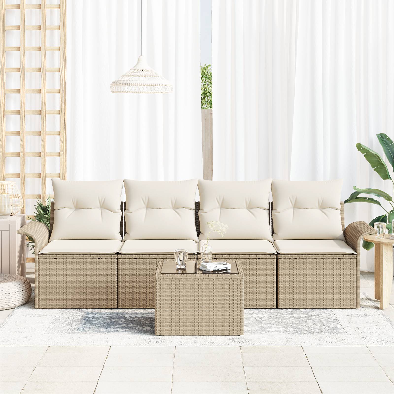 vidaXL 5-teilige Garten Sofa Garnitur mit Kissen Beige Poly Rattan