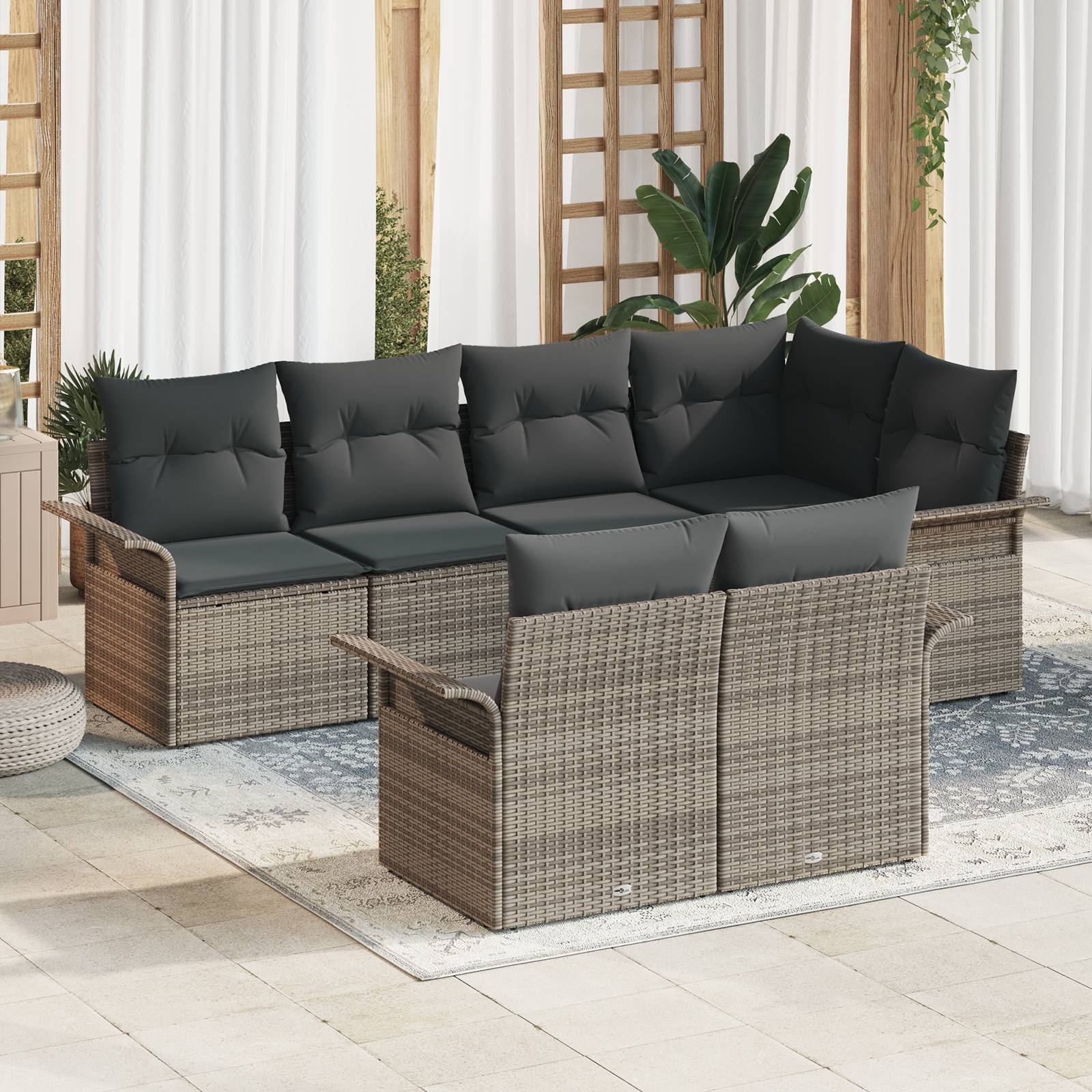 vidaXL 7-teiliges Garten-Sofa-Set mit Kissen Grau Poly Rattan