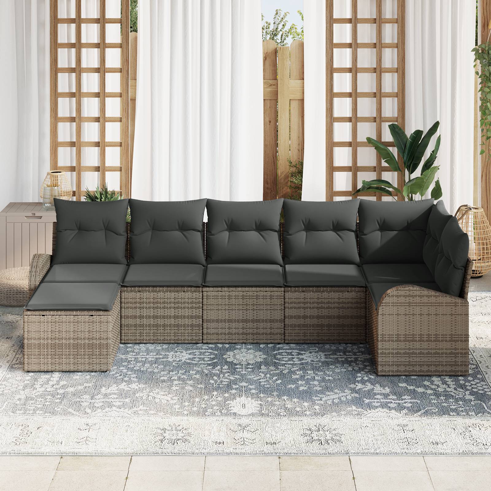 vidaXL 7-teiliges Garten Sofa Set mit Kissen Grau Poly Rattan