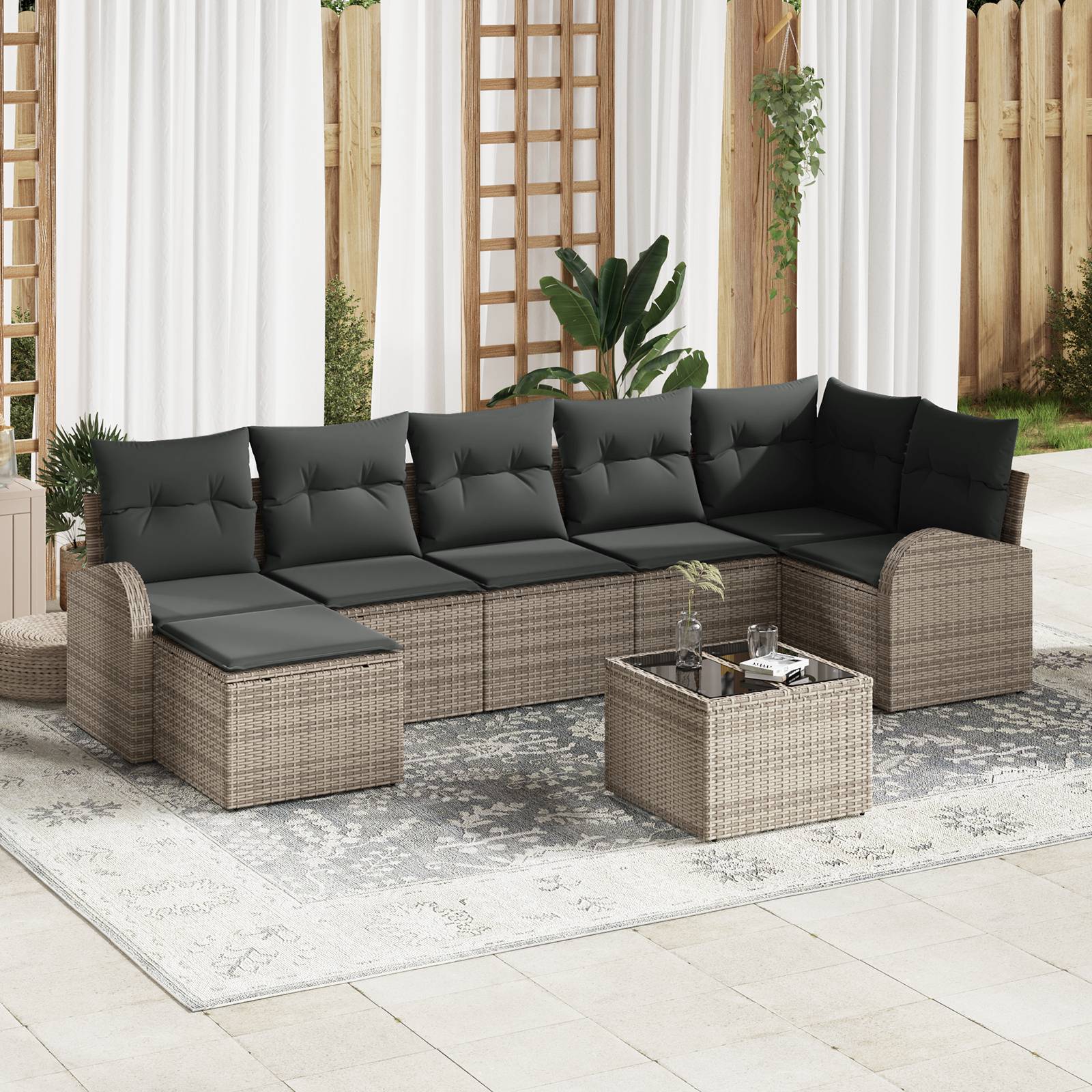vidaXL 7-teiliges Garten-Sofa-Set mit Kissen in Schwarz aus Poly Rattan