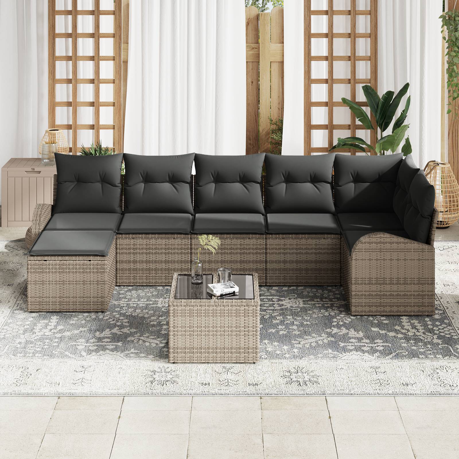 vidaXL 7-teiliges Garten-Sofa-Set mit Kissen in Schwarz aus Poly Rattan