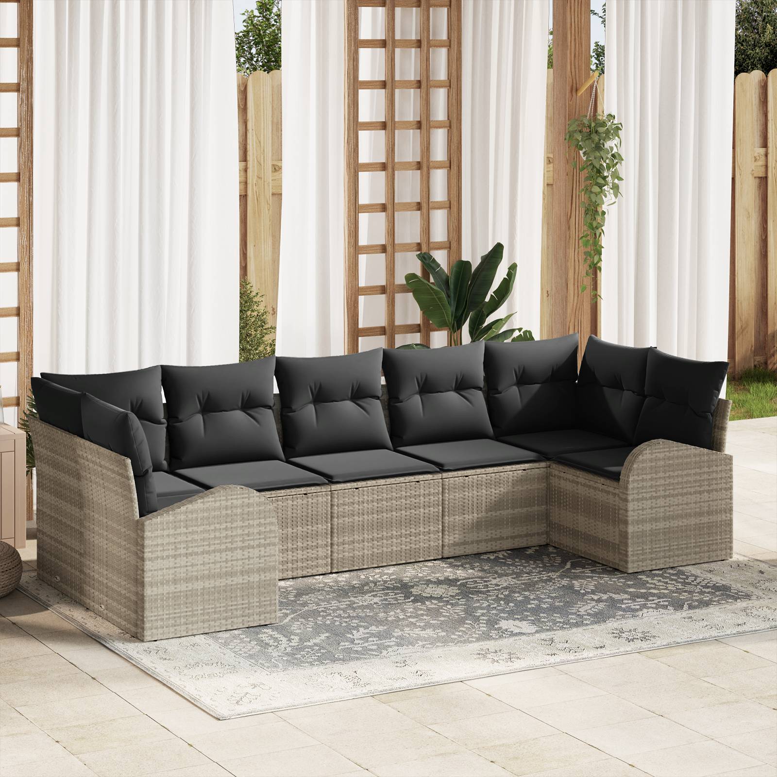 vidaXL 7-teiliges Gartenloungeset mit Kissen Hellgrau Poly Rattan